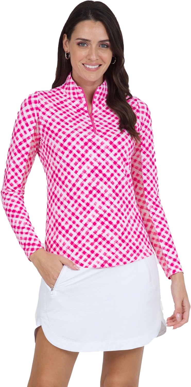IBKUL Athleisure Wear Sun Protective UPF 50+ Icefil Cooling-Gingham Check Print Long Sleeve Mock Neck Top-10876 - Image 9