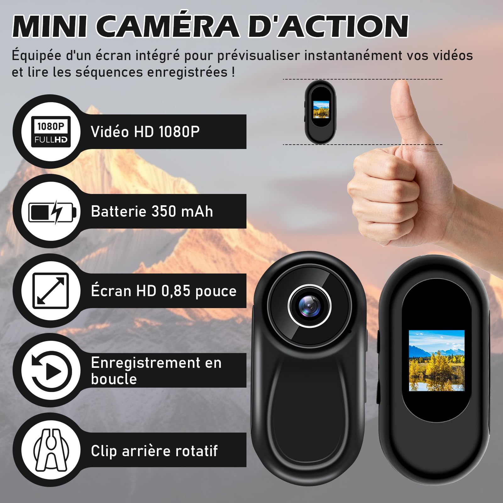 Caméra pour Moto, Mini Caméra d'action, Caméra Sportive POV à 120° | 28 g avec écran, fixation magnétique, autonomie de 2 heures, carte SD jusqu'à 256 Go, pour vélo, caméra de casque