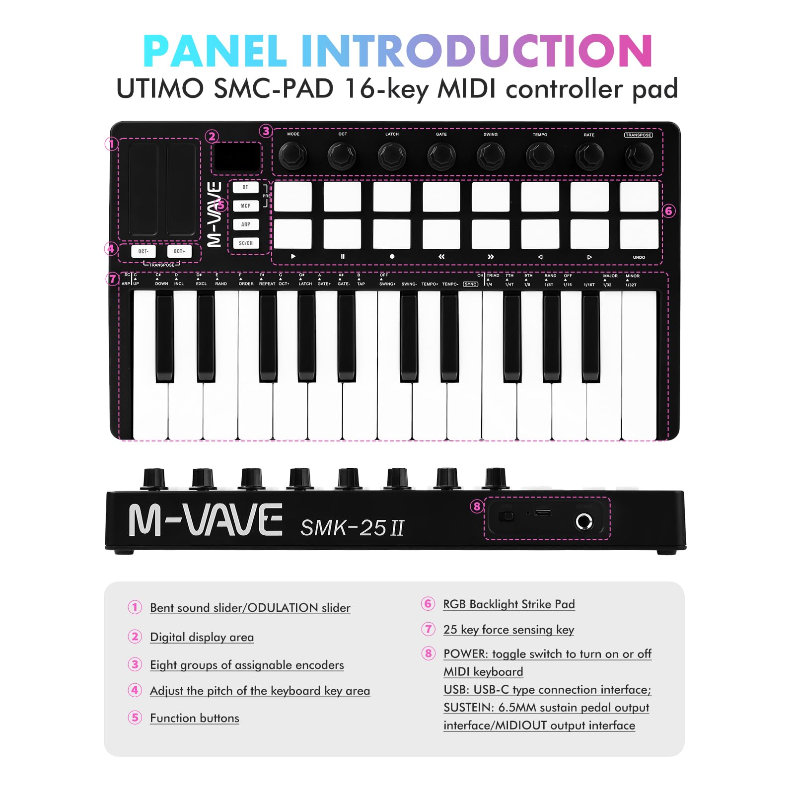 M-VAVE Teclado Controlador MIDI, teclado MIDI mejorado, portátil recargable, de almohadilla RGB, SMK-25II, negro y blanco, batería incorporada