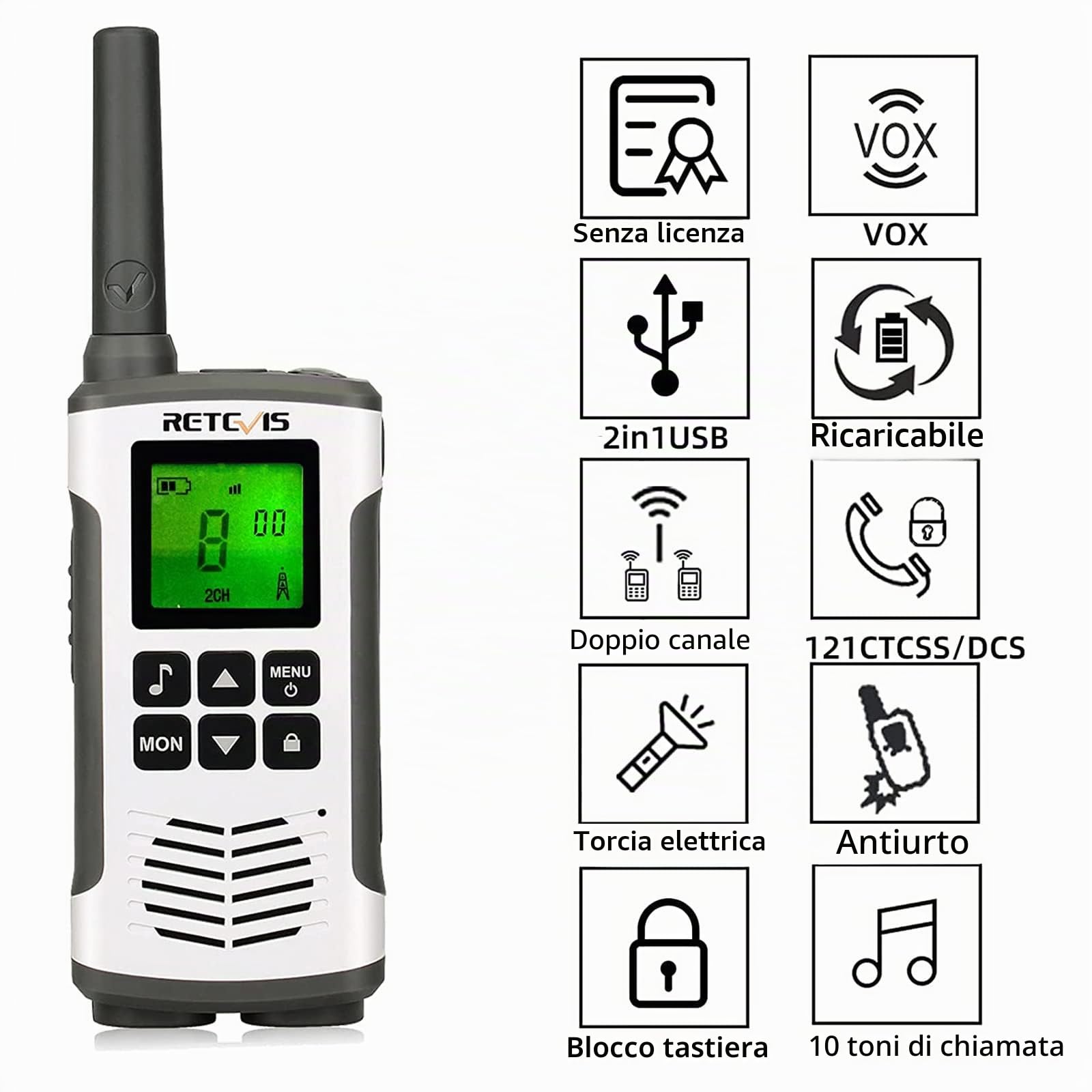 Retevis RT45 Walkie Talkie, Ricaricabili Ricetrasmittenti Professionali | PMR446 Woki Toki, Ricarica USB, VOX 16 Canali Torcia, Portatile Walkie-Talkie Professionali per Campeggio, Viaggio Esterni