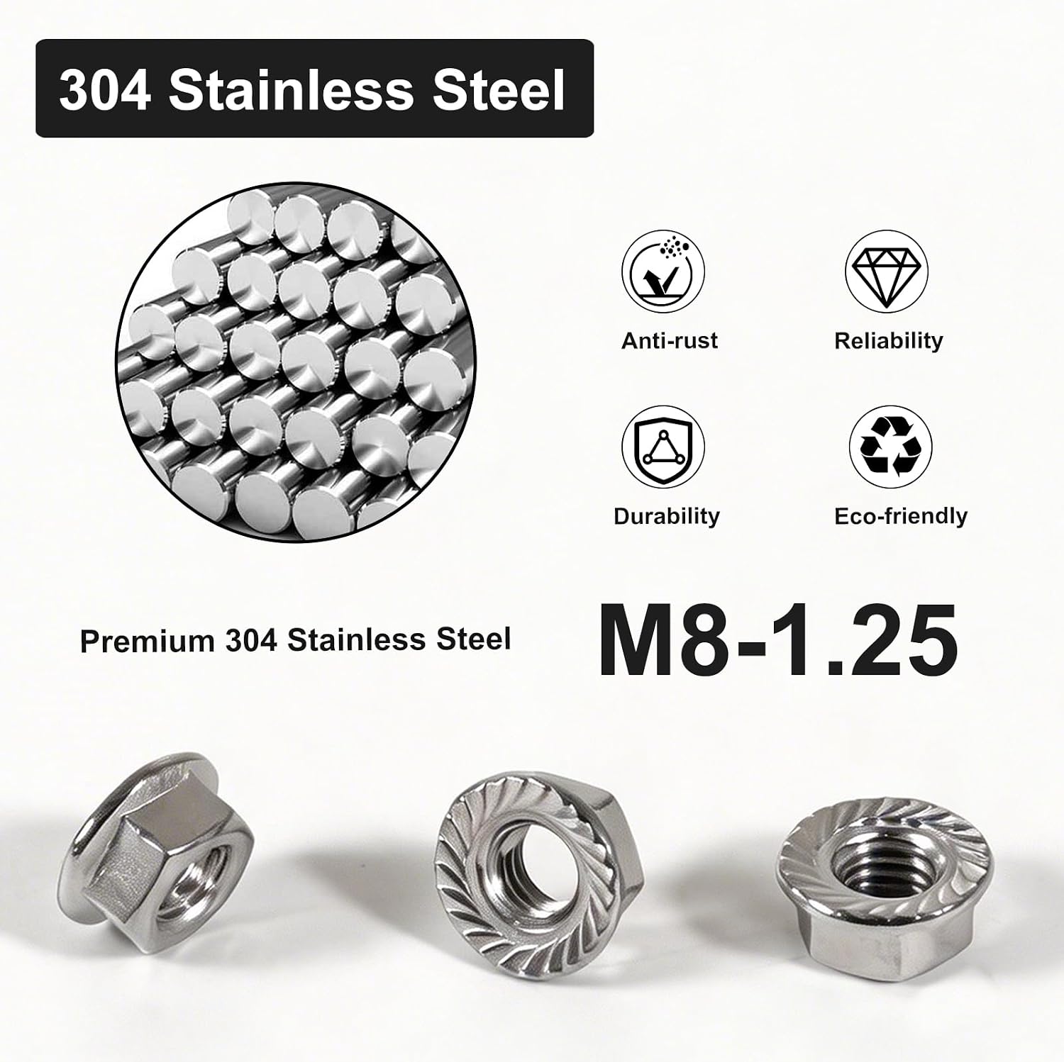 M8 Serrated Flange Nuts – M8-1.25 Stainless Steel Flange Nuts, 304 Stainless Steel Right-Hand M8 Nuts for DIY, Home Repair and Mechanical Fastening (20PCS)