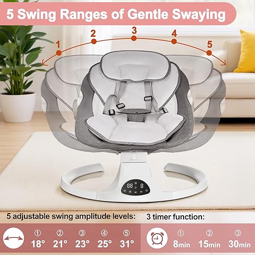 Miniatura 2 de Columpio de bebé para recién nacido a niño, columpio portátil de 5 velocidades con control táctil inteligente, control remoto, 10 canciones de cuna,