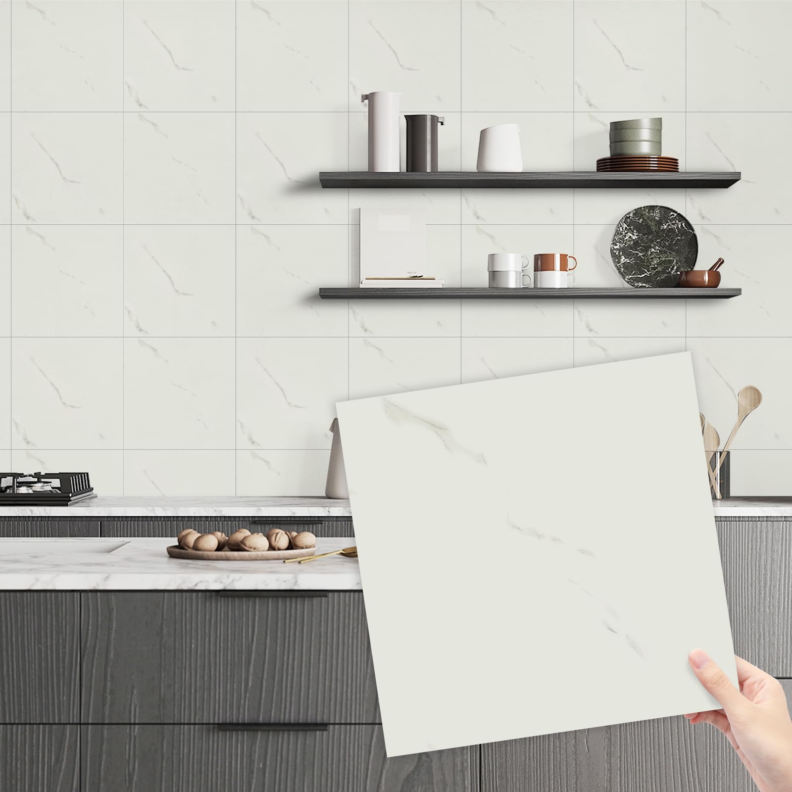 Alened Adesivi per piastrelle bianche 30 x 30 cm, 10 pezzi, piastrelle autoadesive da parete, in marmo, stacca e attacca, per bagno, cucina, paraschizzi, impermeabili e rimovibili