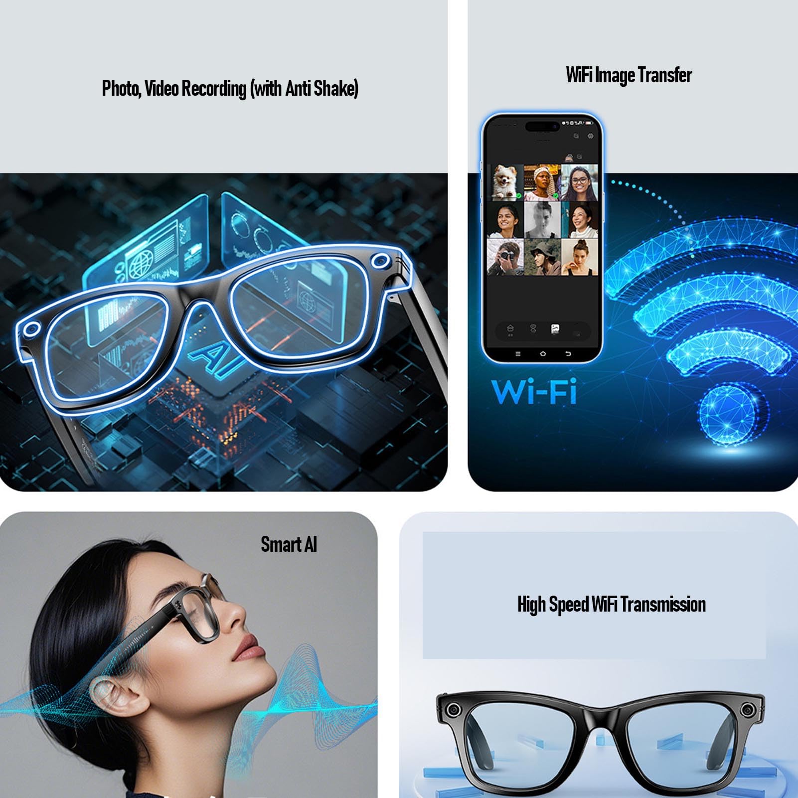 CCYLEZ Occhiali Intelligenti AI con Fotocamera, Occhiali WiFi con Traduttore AI, Altoparlanti con Microfono Integrato Fotocamera da 8 MP, con ChatGPT 4.0, per Uomini Donne Viaggi