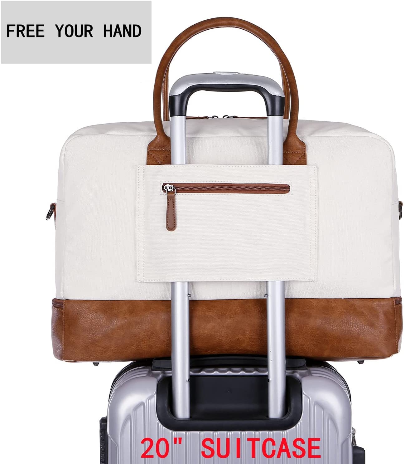 Bolso de mujer para viaje fin de semana, equipaje de mano de lona con compartimento para zapatos y neceser HB-10, blanco/beige, Vintage