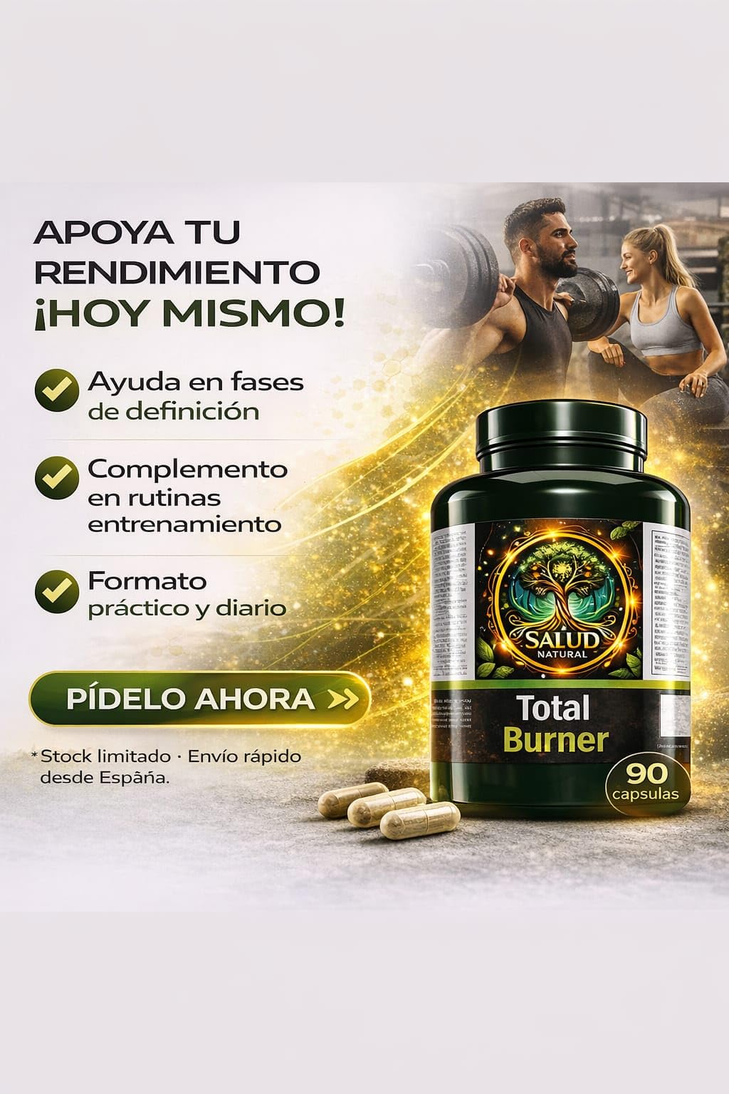 Quemador de Grasa Natural Total Burner Salud Natural, 90 Cápsulas | Control del Apetito y Metabolismo, Energía sin Estimulantes Fuertes, Apoyo Definición y Pérdida de Peso
