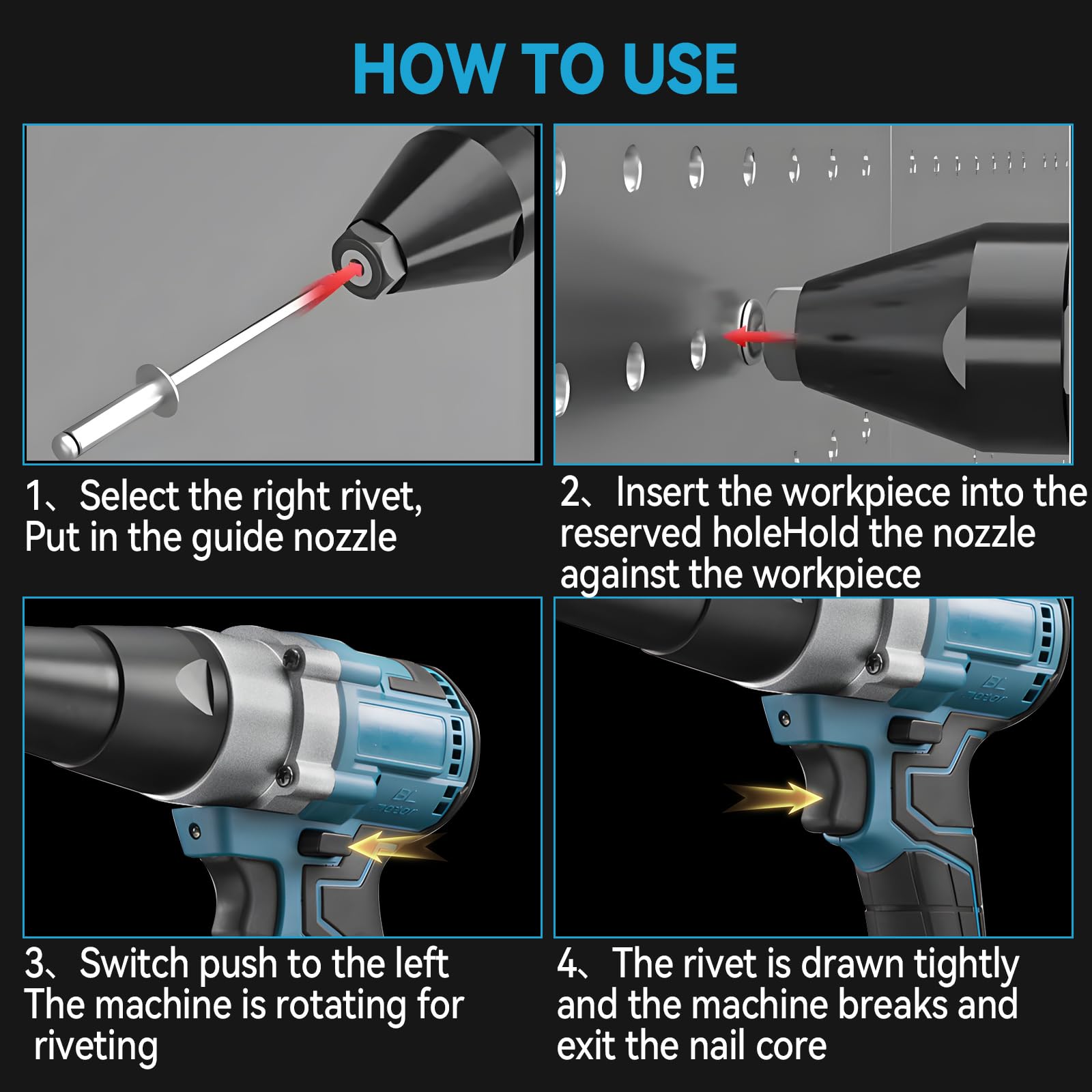 Alicates de remachado compatible con batería Ma-Kita de 18 V-21 V, pistola de remache inalámbrica y sin escobillas para remaches de 1/8 pulgadas