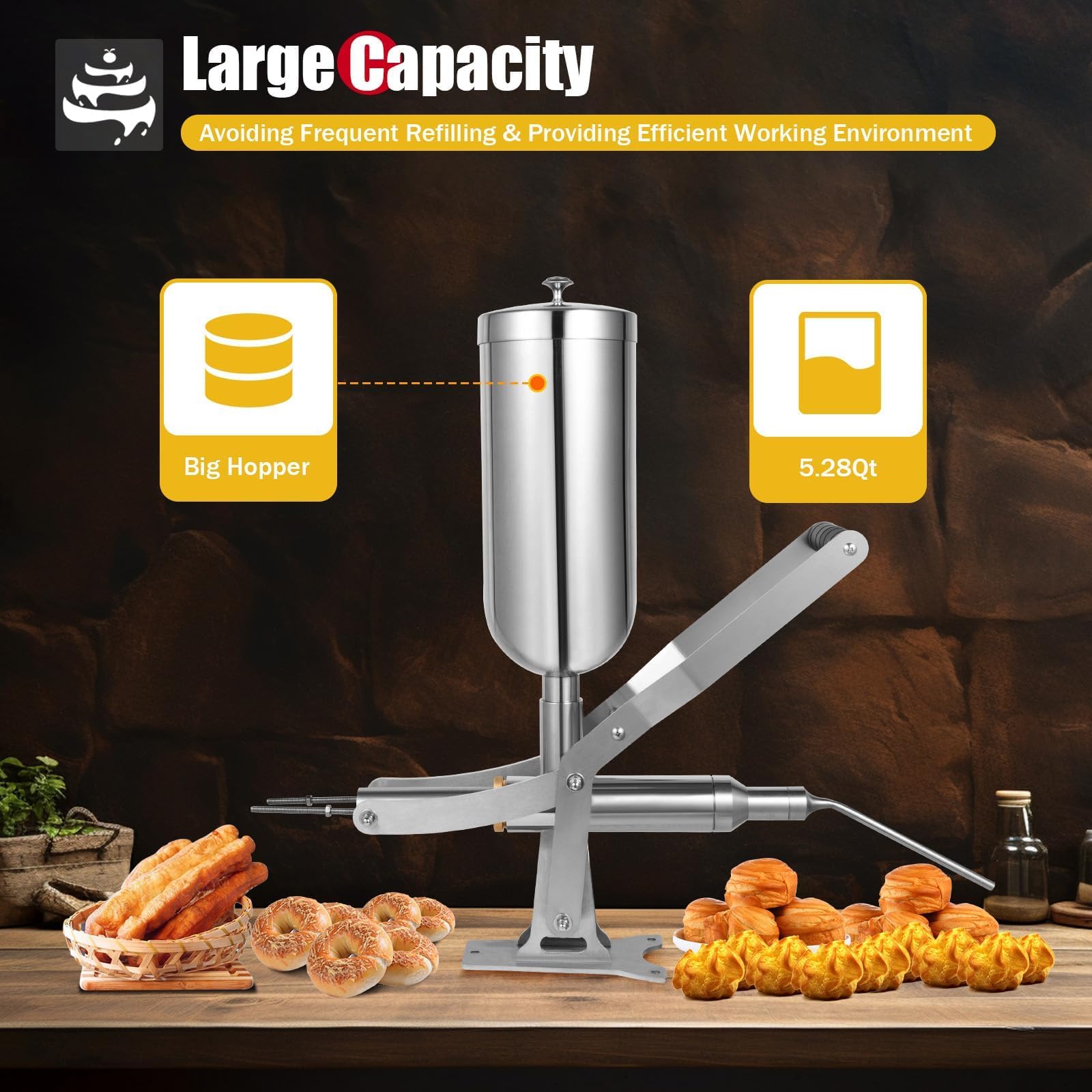 Llenadora manual de churro, máquina de llenado de donas comercial con 3 boquillas antigoteo para gelatina y crema, ideal para uso en cocina y restaurante