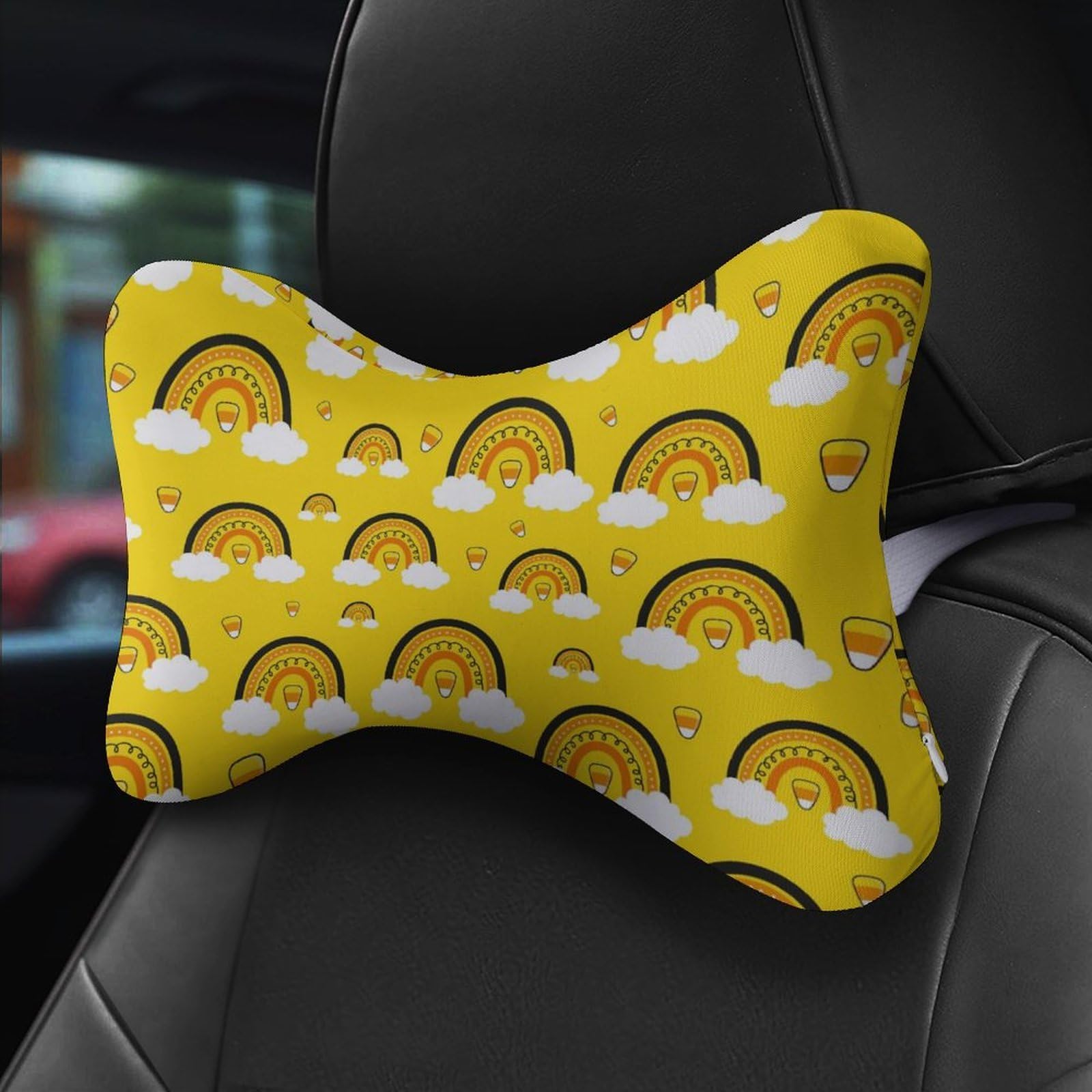 SMAZDFXX Halloween Candy Corn Rainbows Car Neck Pillow Set of 2 Car Seat Head Support Cushion Bone Pillows with Elastic Strap