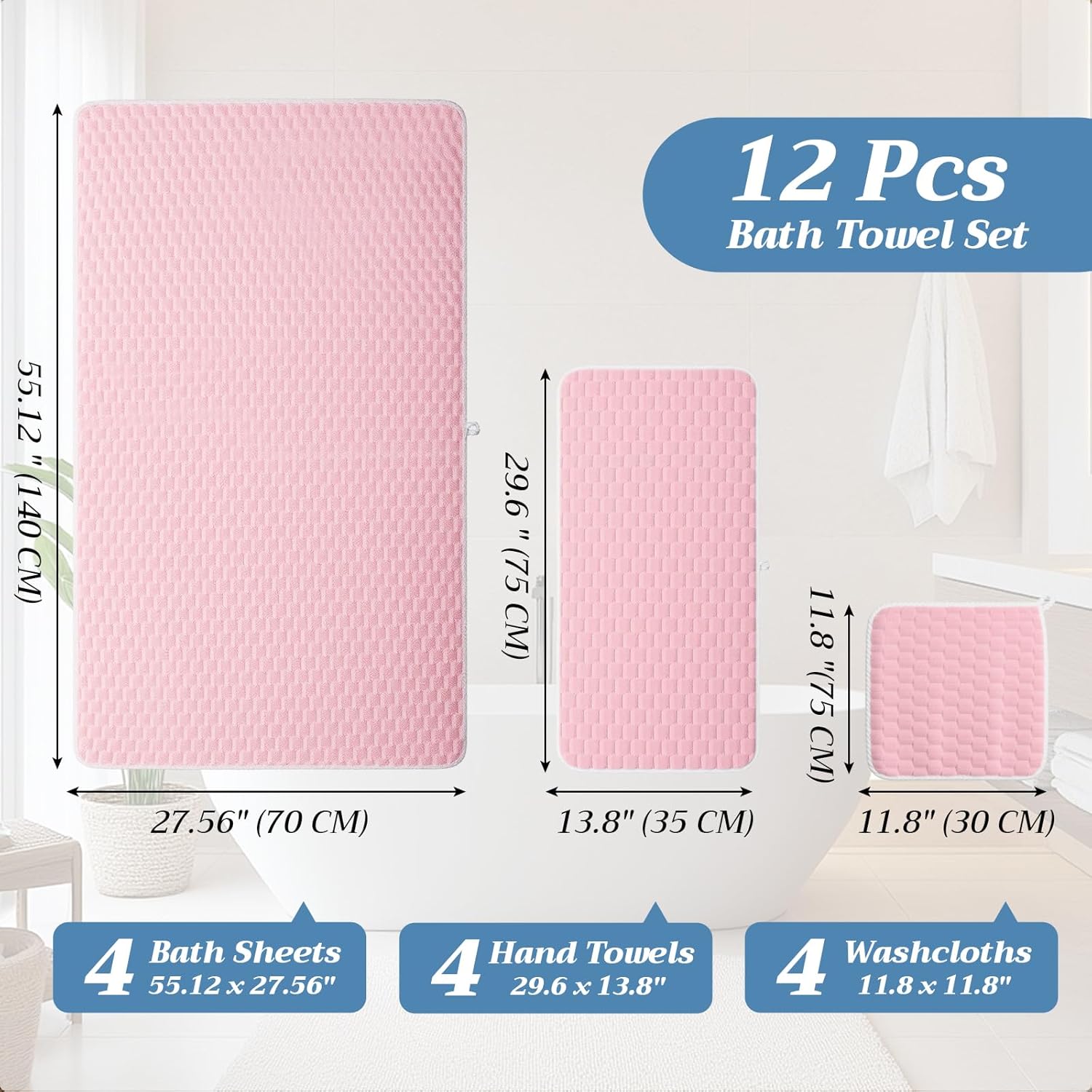 12 Pcs Soft Bath Towels Set Quick Dry for Bathroom, 4 Bath 4 Hand Towel 4 Washcloths Absorbent Microfiber Shower Washcloth for Gym Hotel Travel(Soft Color)