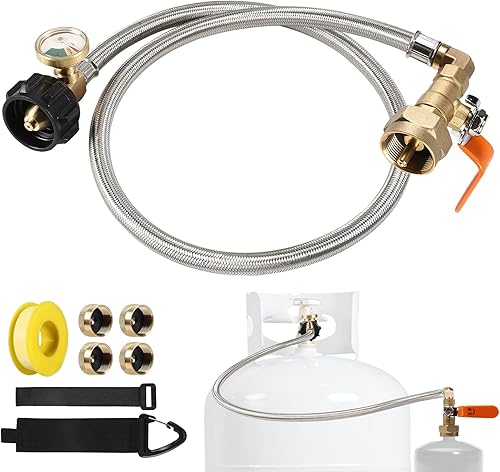 PAMASE Manguera adaptadora de repuesto de propano para tanques de 1 libra, manguera de extensión QCC1 de 36 pulgadas con 4 tapas de latón, llena