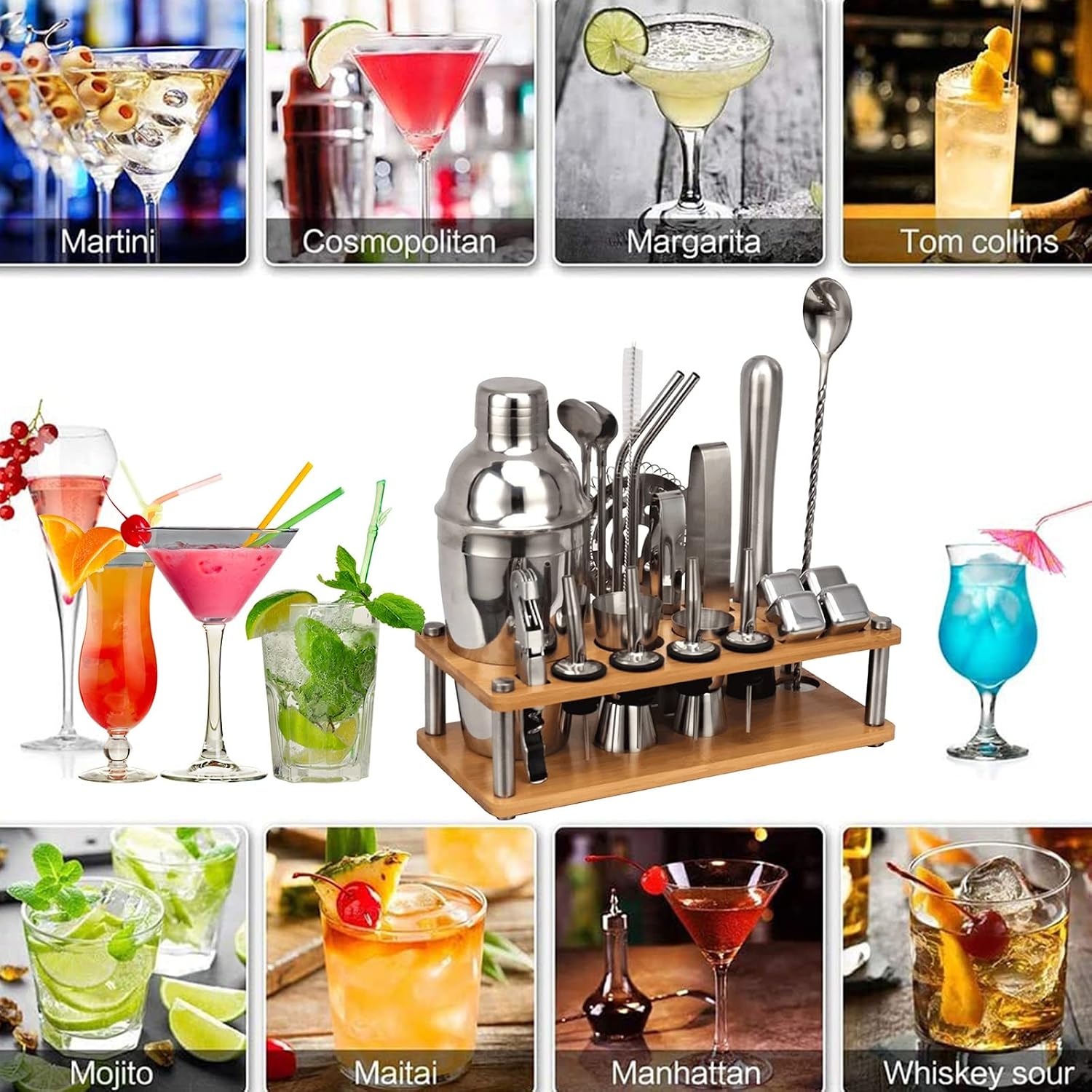 MIAOLLUN 23-Piece Stainless Steel Bartender Kit Bar Tool Set with Acrylic Stand & Cocktail Recipes Booklet, Cocktail Shaker Set for Drink Mixing, Home, Bar, Party,350ML