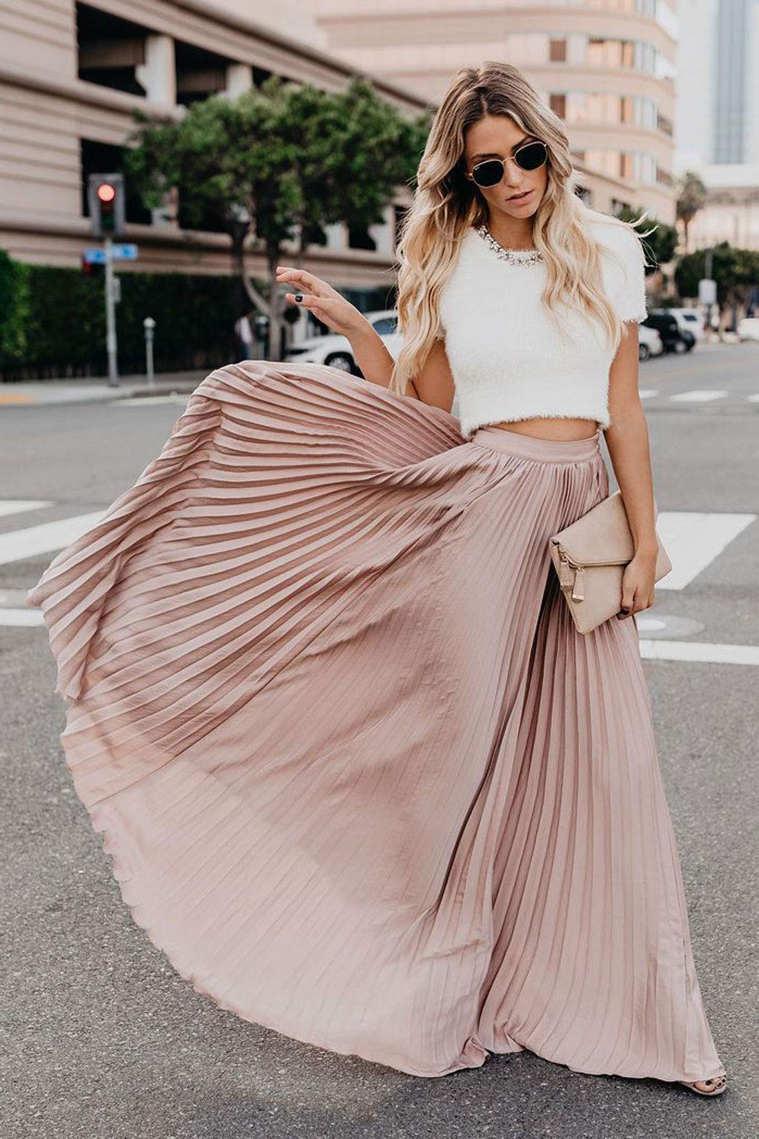 ebossy Fließender, plissierter Maxirock mit hoher Taille, für Damen, aus Chiffon