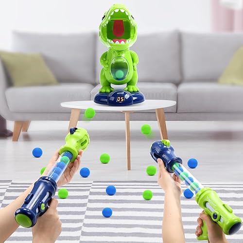 Miniatura 8 de EagleStone - Juguete de dinosaurio móvil para disparar, 2 pistolas de bomba de aire, puntuación, pantalla LED, sonido, 48 pelotas de espuma,