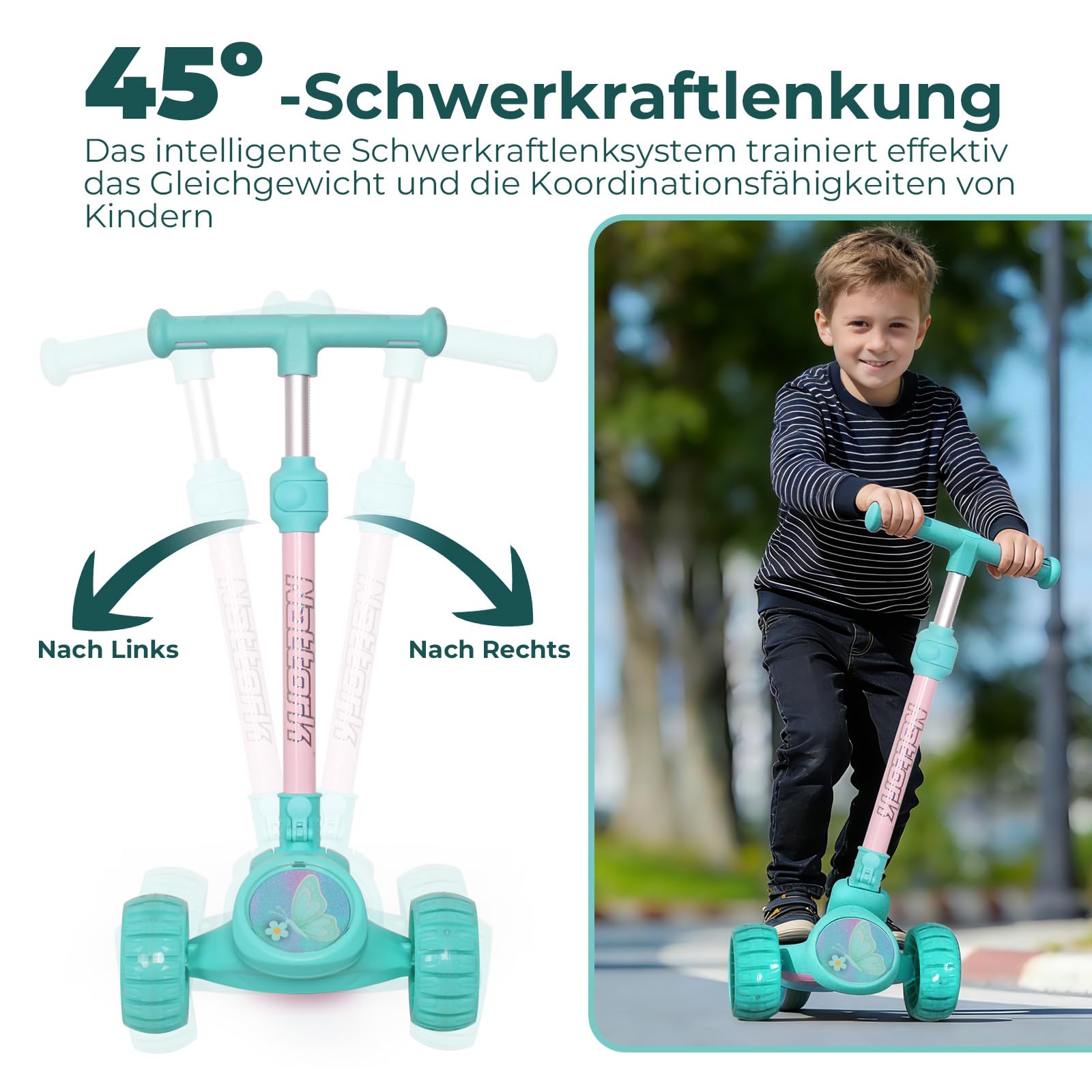 Nattork Scooter Kinder Roller, 3 Räder Kinderroller mit Breitem Rutschfestem Deck und T-Bar-Griff, Balance-Trainings-Roller mit Höhenverstellbarer für Kinder ab 3 Jahren, Maximale bis zu 100kg