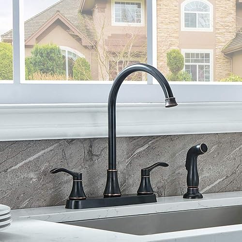 Miniatura 9 de VALISY Grifo de cocina de 3 o 4 agujeros con dos manijas con rociador lateral, grifos comerciales de níquel cepillado sin plomo para fregaderos de