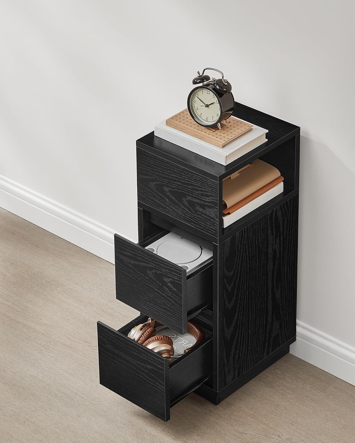 VASAGLE narrow black nightstand with drawers
