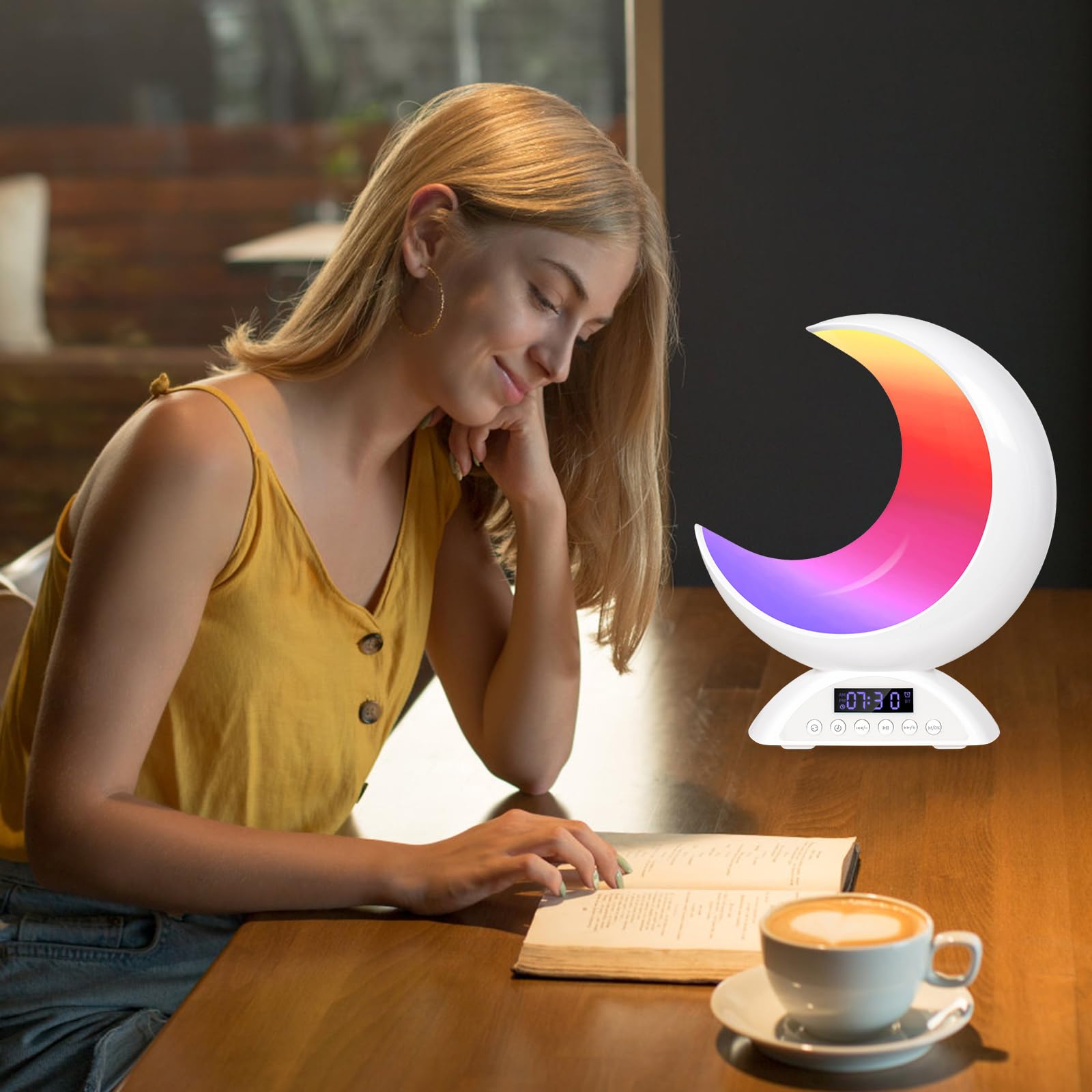 Lampada da Comodino a Forma di Luna, Luce Notturna con Altoparlante, Sveglia da Comodino Musicale, 20 Colori di Luce, USB Lampada Notturna Dimmerabile per Cameretta, Soggiorno