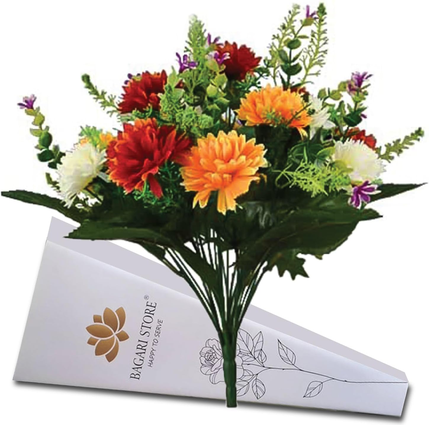 Bagari 41cm Artificial Flowers for Graves- Fake Bunch with 16 Heads Large Mixed Ivory- Red-Orange Bush Flowers Delivery Next Day Prime- Plastic Fresh Bouquet for Outdoor & Indoor Events Wedding Party