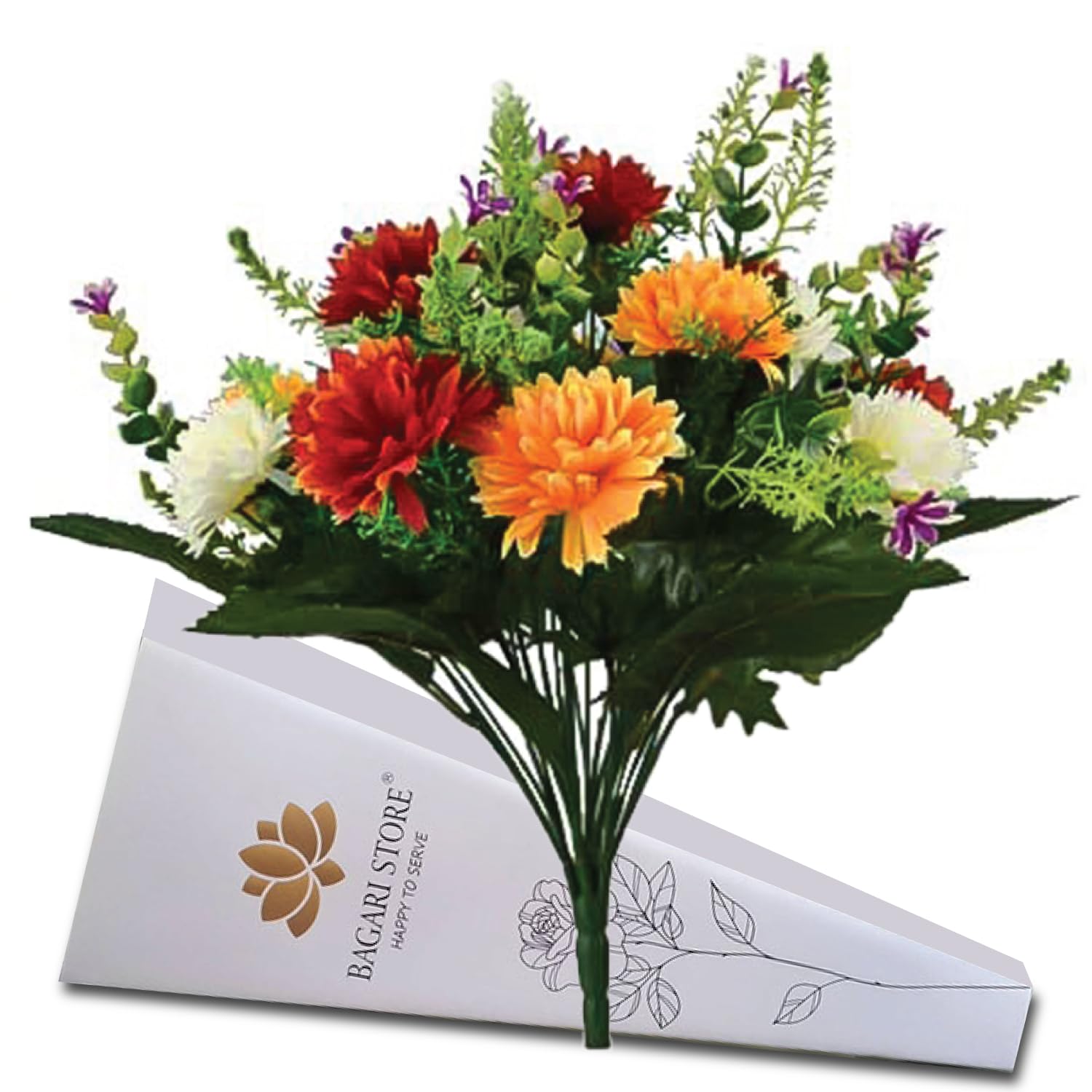 Bagari 41cm Artificial Flowers for Graves- Fake Bunch with 16 Heads Large Mixed Ivory- Red-Orange Bush Flowers Delivery Next Day Prime- Plastic Fresh Bouquet for Outdoor & Indoor Events Wedding Party