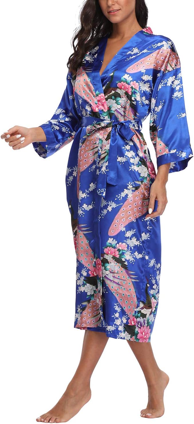 Women's Kimono Robe Peacock & Blossom Robe Wedding Satin Bathrobe Nightgown - Image 3