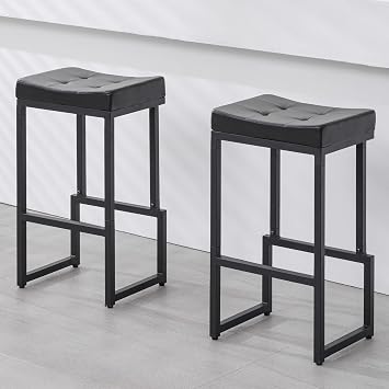 FIRAVOE Bar Stools Set of 2, 28" Counter Height Bar Stools, Faux Leather Barstools for Kitchen Island, Backless Saddle Stools with Metal Legs Black, 2PCS 28" Bar Stools