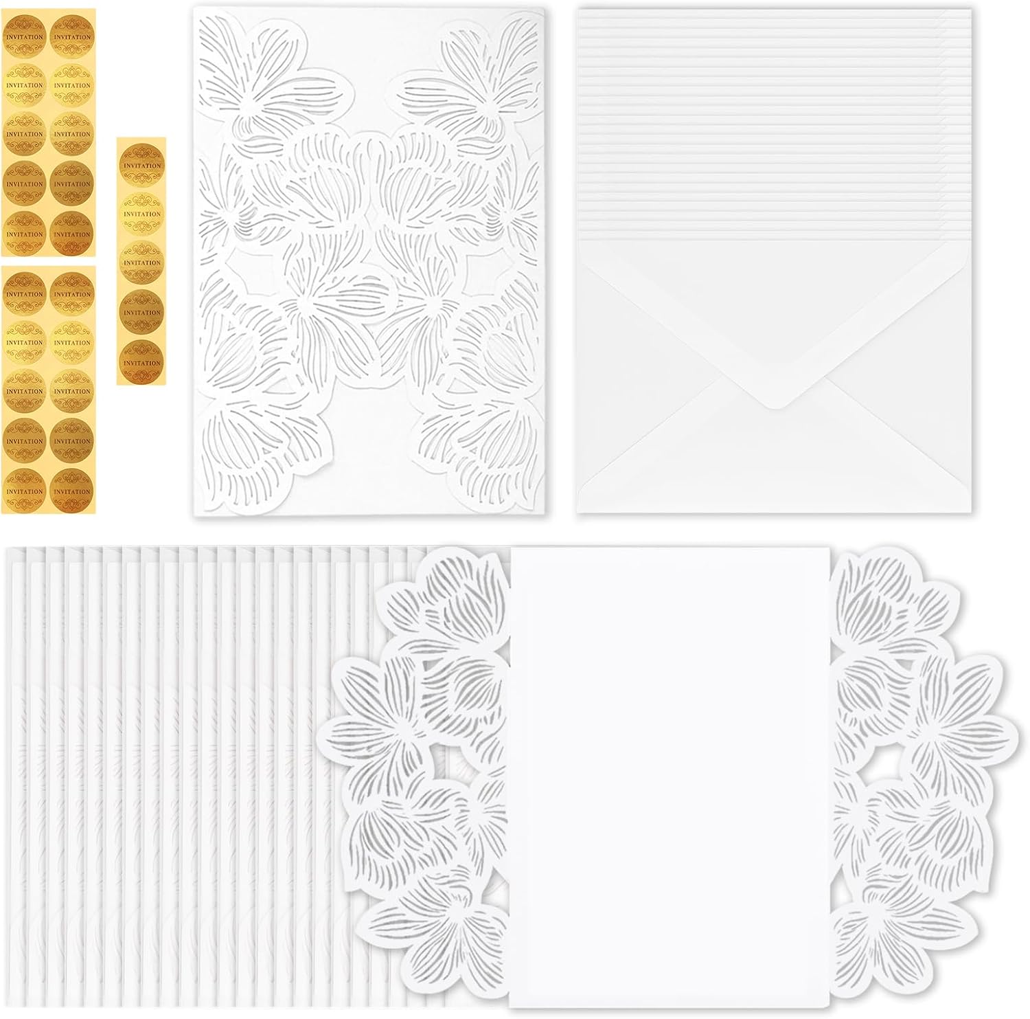 25 Set 5 x 7 Inch Laser Cut Invitation Sleeves Wedding Ivory White Invitation Card Pocket with Envelopes Stickers for Quinceanera Wedding Bridal Shower Engagement Party, No Insert