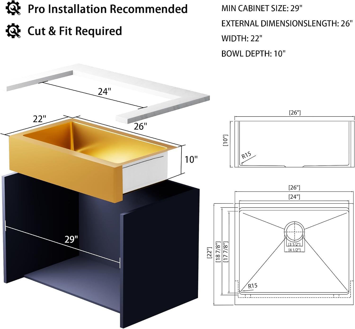 26-Inch Farmhouse Kitchen Sink, 16 Gauge Stainless Steel Farm Sink, Undermount Single Bowl, Brushed Finish, Deep Basin, Workstation Design with Accessories(Gold, 26" x 22" x 10")