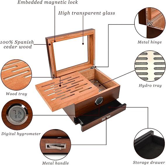 Cigar Humidor, Handcrafted Spanish Cedar Glass Top Humidor, Cigar Desktop Box Accurate Digital Hygrometer with 2 Humidor Solution(25-55 Cigars) by Jansfuren