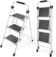 Vista 9 de KINGRACK Escalera plegable de 4 escalones, escalera de acero de seguridad resistente de alta resistencia con pasamanos y pedales anchos para Rojo