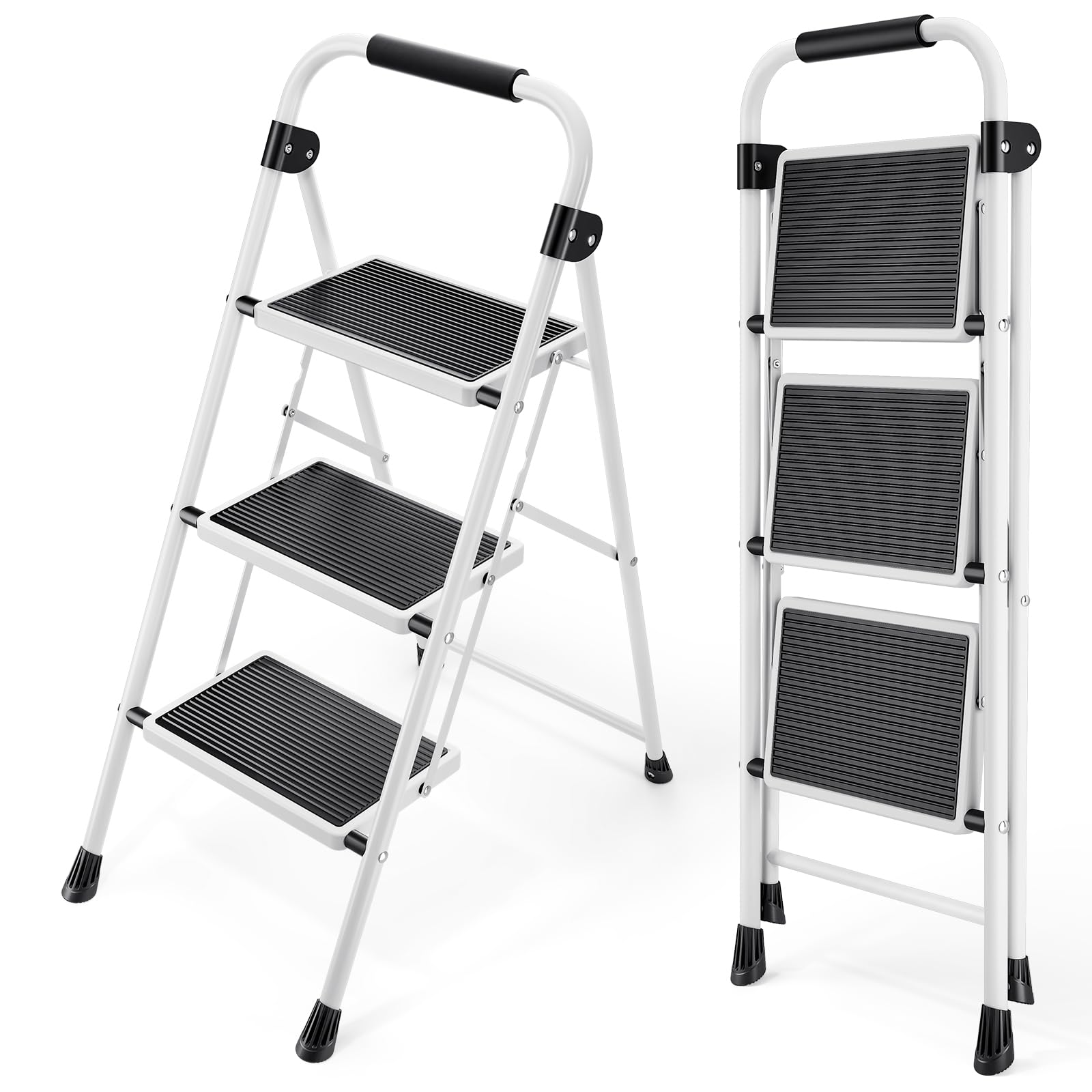 step ladder, folding step stool with wide anti-slip pedal, sturdy steel ladder, convenient handrail, lightweight, portable steel step stool
