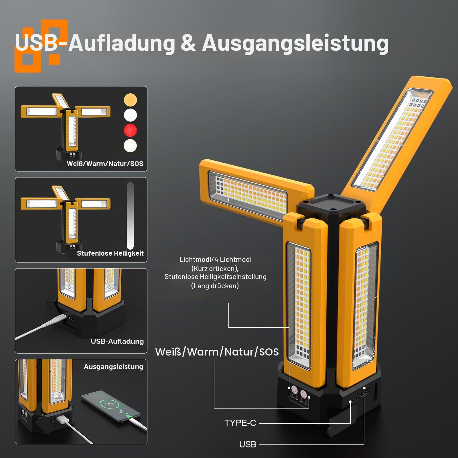 13200 mAh Wiederaufladbare Solar Baustrahler Led mit Stativ, Stufenlos Dimmbar Weiß/Warm/Naturweiß/ROT (SOS) Akku Strahler mit Abnehmbarem Stativ