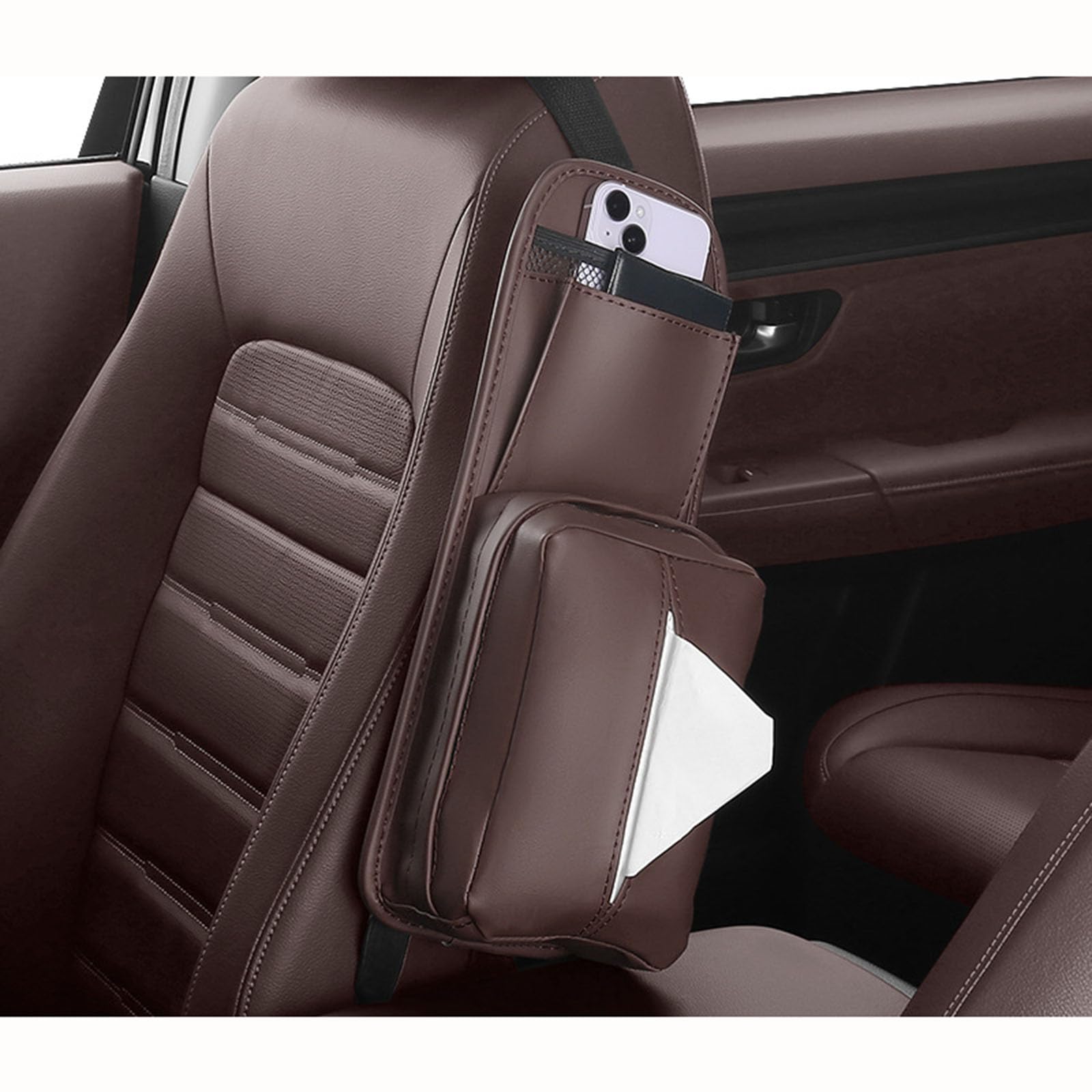 ADUYHCZ Car Seat Side Organizer, For Citroen C2 C3 C4 C5 C6 C3-XR C4X C5X C5 Leather Car Tissue Holder with Phone Pocket, Premium Seat Hanging Storage Bag,Brown