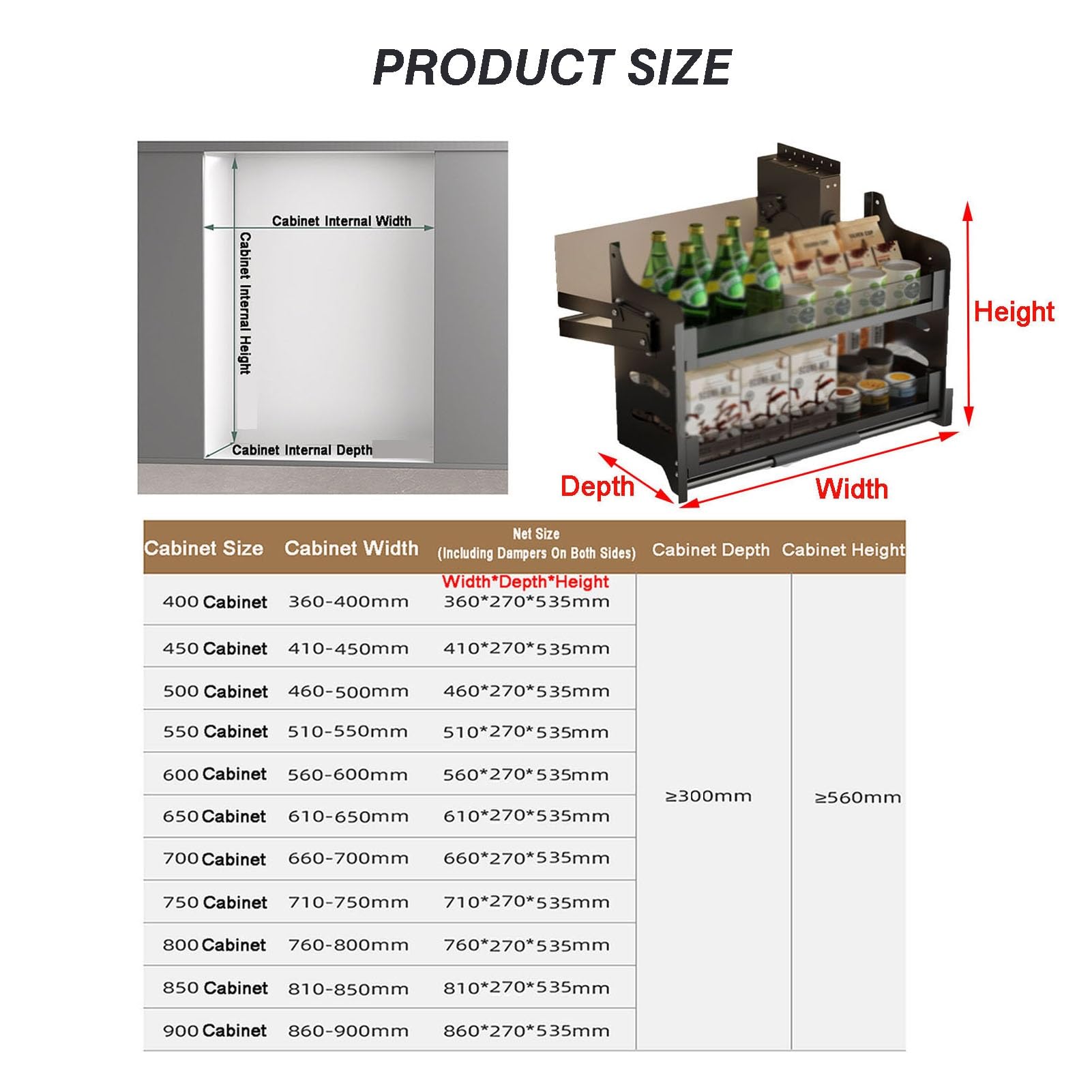 XLTFUC 2 Tier Pull Out Cabinet Organizer Hanging Tall Cabinet Pull Down Shelves Space Saving Boards for Kitchen Appliances Lift Upper Cabinets(460x270x535mm)