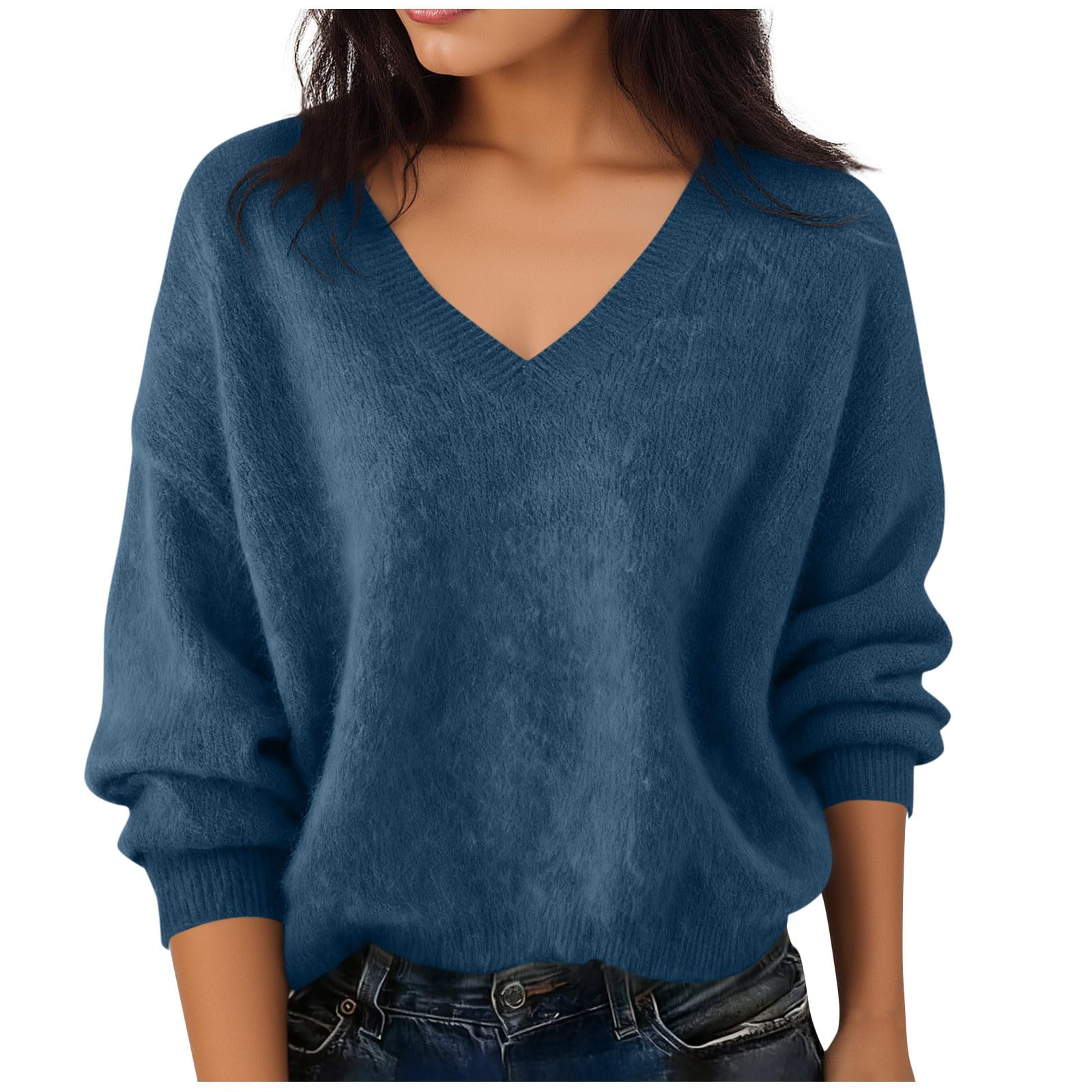 Sweaters for Women V Neck Long Sleeve Fall Winter Loose Fit Solid Color Tops Soft Fashion Pullover Clothes