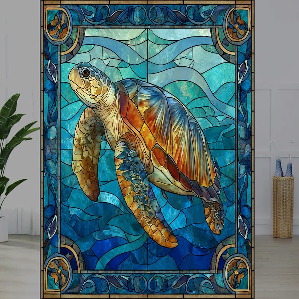 FOCCAFB Ocean Wave Turtle Stained Glass Window Film, Sea Animal Natural View Peel and Stick Privacy Film, Frosted Adhesive Vinyl Decorative for Bathroom Windows Glass Doors, （45x60cm）