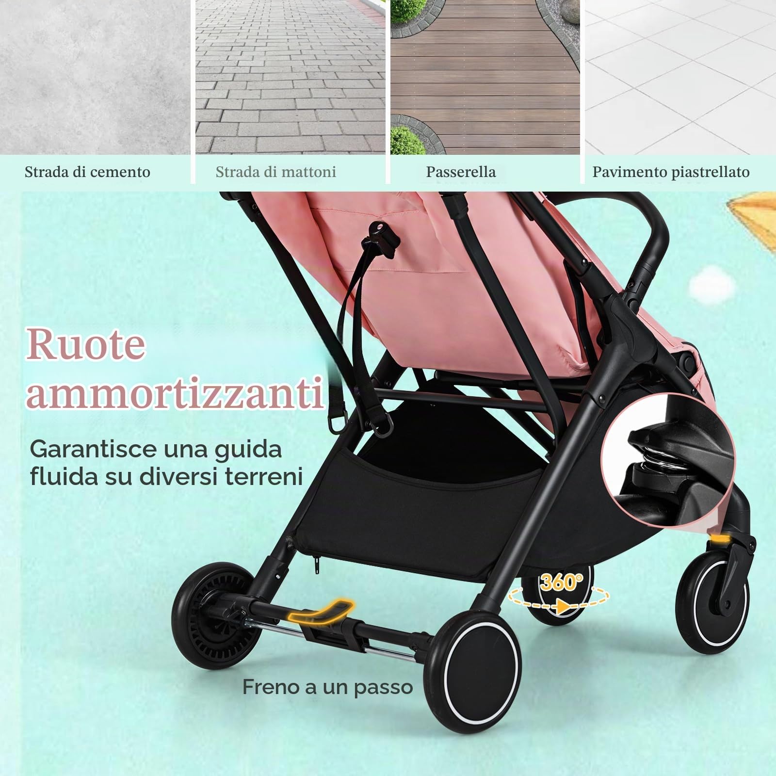 LIFEZEAL Passeggino Ultraleggero per Bambini 0-36 Mesi, Pieghevole, Portatile, Regolabile, Compatto, 6kg, Passeggino con Parasole, Cintura di Sicurezza, Freno, Cesto, per Viaggio, Aereo (rosa)