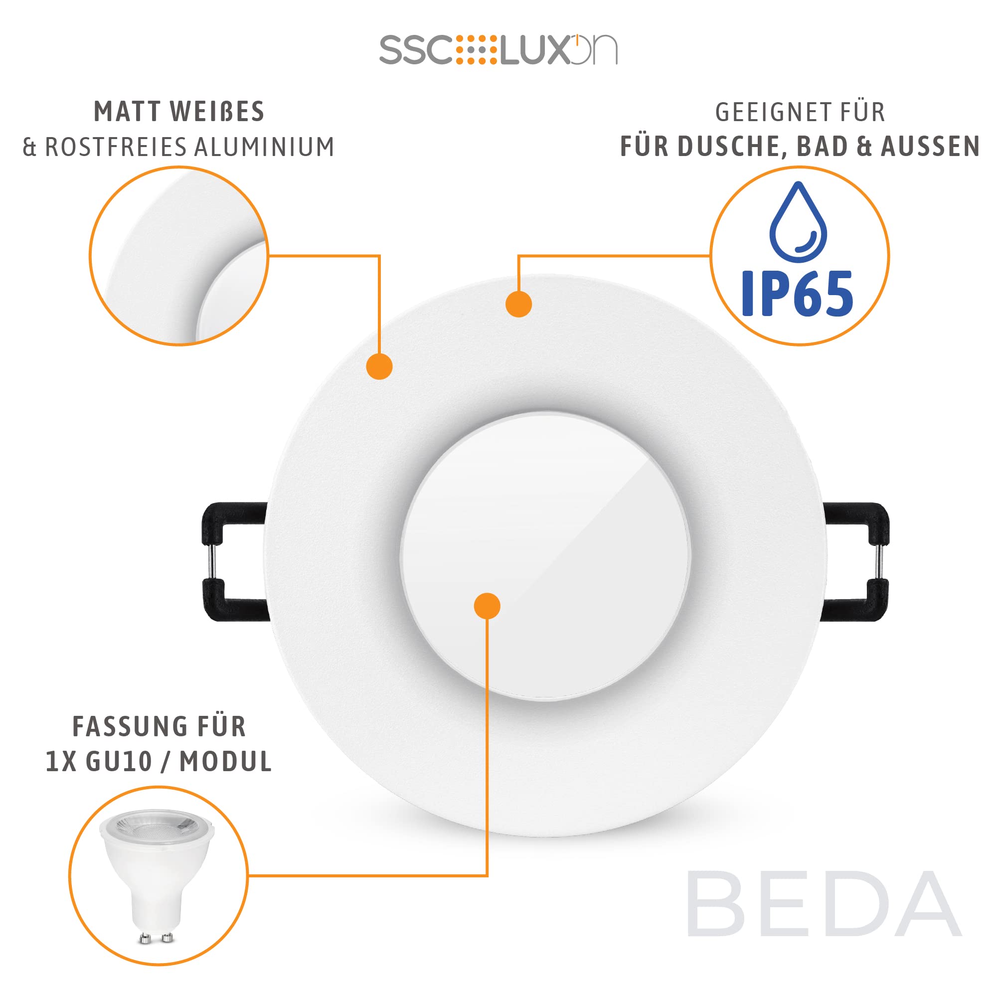 SSC-LUXon BEDA - Faretti da incasso per bagno, 6 pezzi, rotondi, bianchi, IP65, per GU10 | Sei faretti da soffitto rotondi bianchi per bagno, doccia e esterni, impermeabilità IP65, per GU10 o modulo (senza lampadina)