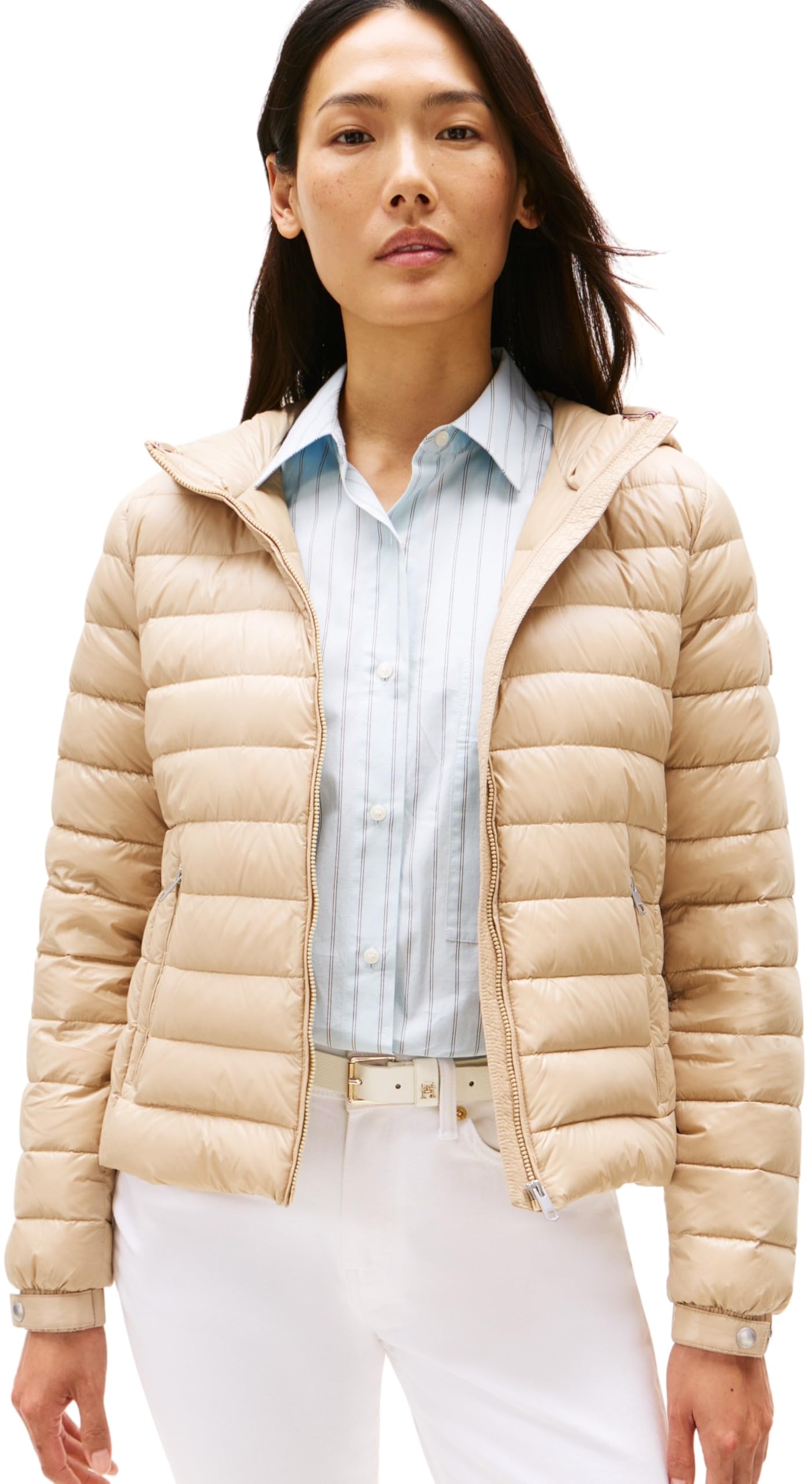Tommy Hilfiger Women’s Hooded Down Jacket with Zip, Beige (Beige), XL