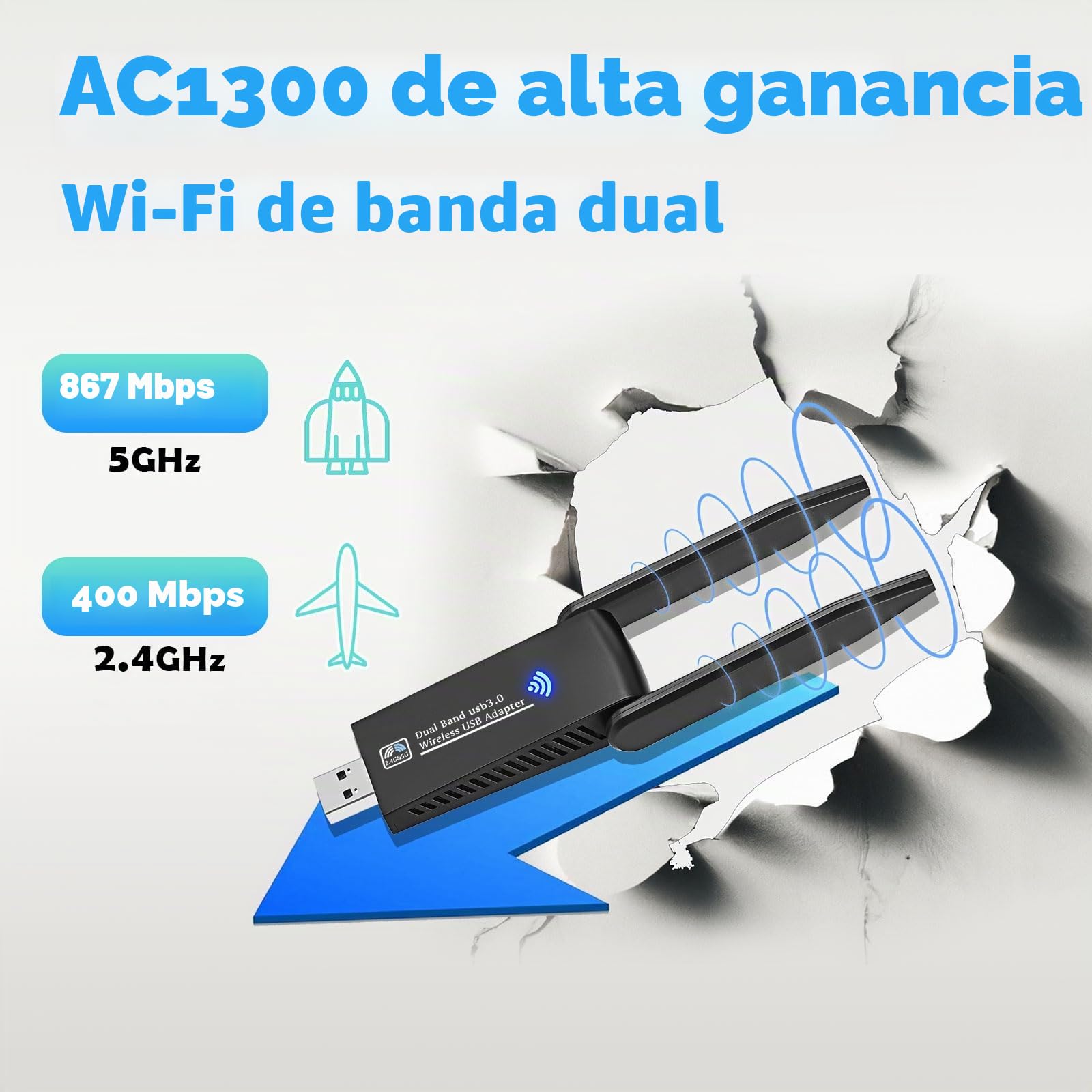 AC1300 Adaptador WiFi USB Dual Band 5GHz/2.4GHz Con Doble Antena Para PC, 1300Mbps, 5dBi Largo Alcance, USB 3.0, Conecta y Reproduce Windows11/10/8.1/8/7/Vista/XP