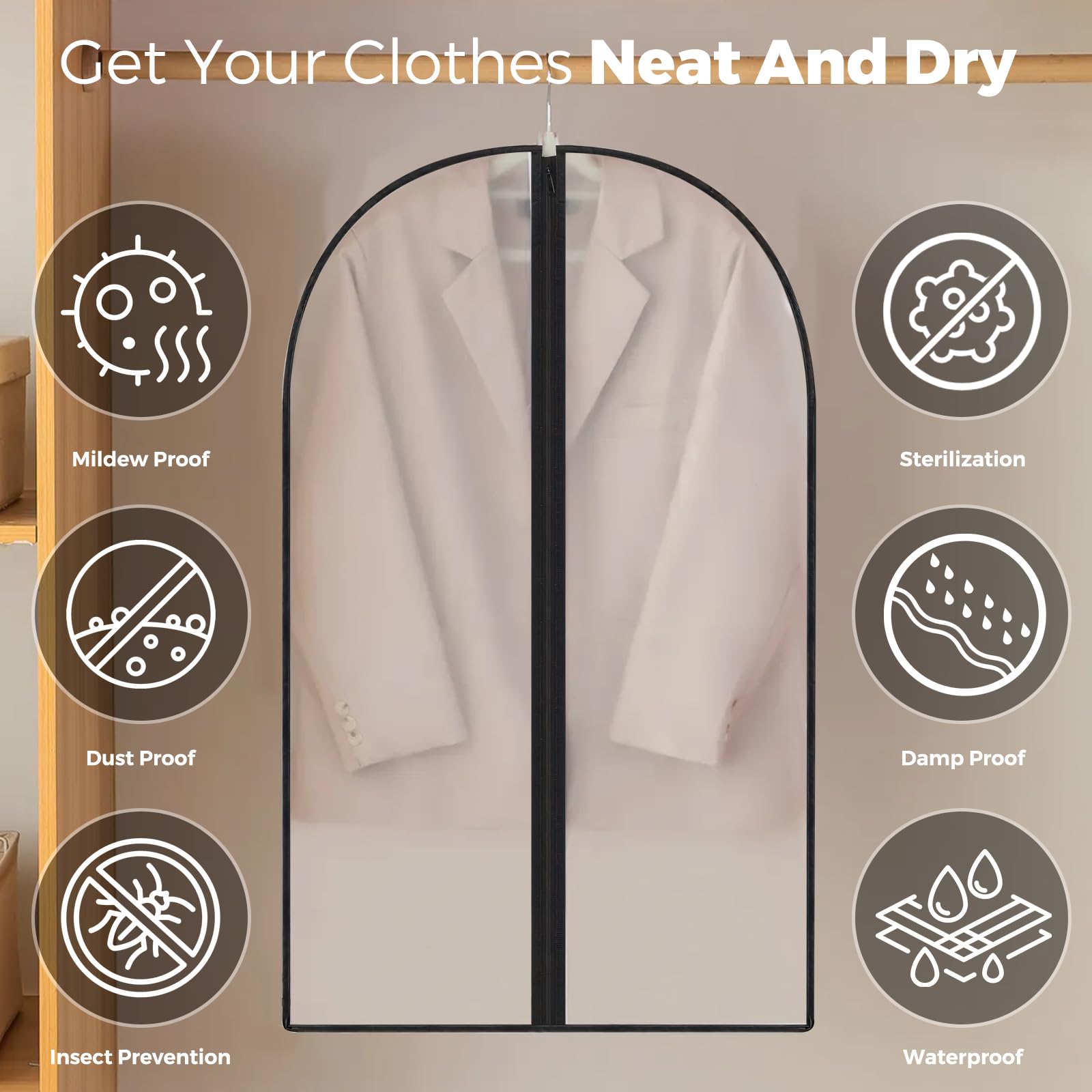 6 x Clothes Covers, Dust Resistant, Transparent Hanging Clothes Covers with Zip, Protection for Shirt Costumes, Coats - Image 3