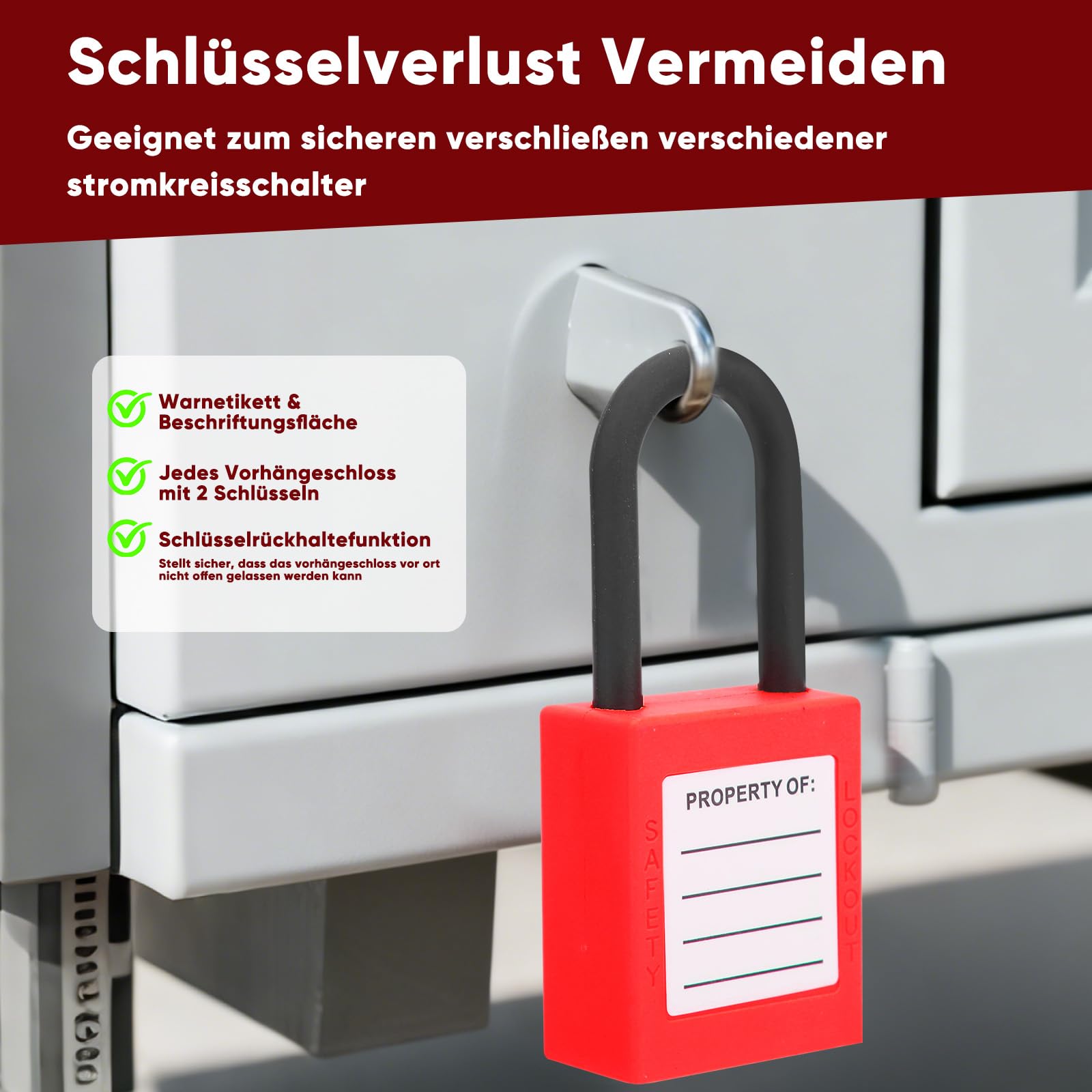 10 lucchetti a catena Lockout Tagout da 38mm, Lucchetto di sicurezza Loto in nylon rosso con 2 chiavi ciascuno, Etichetta scrivibile e stampa di avviso per applicazioni industriali
