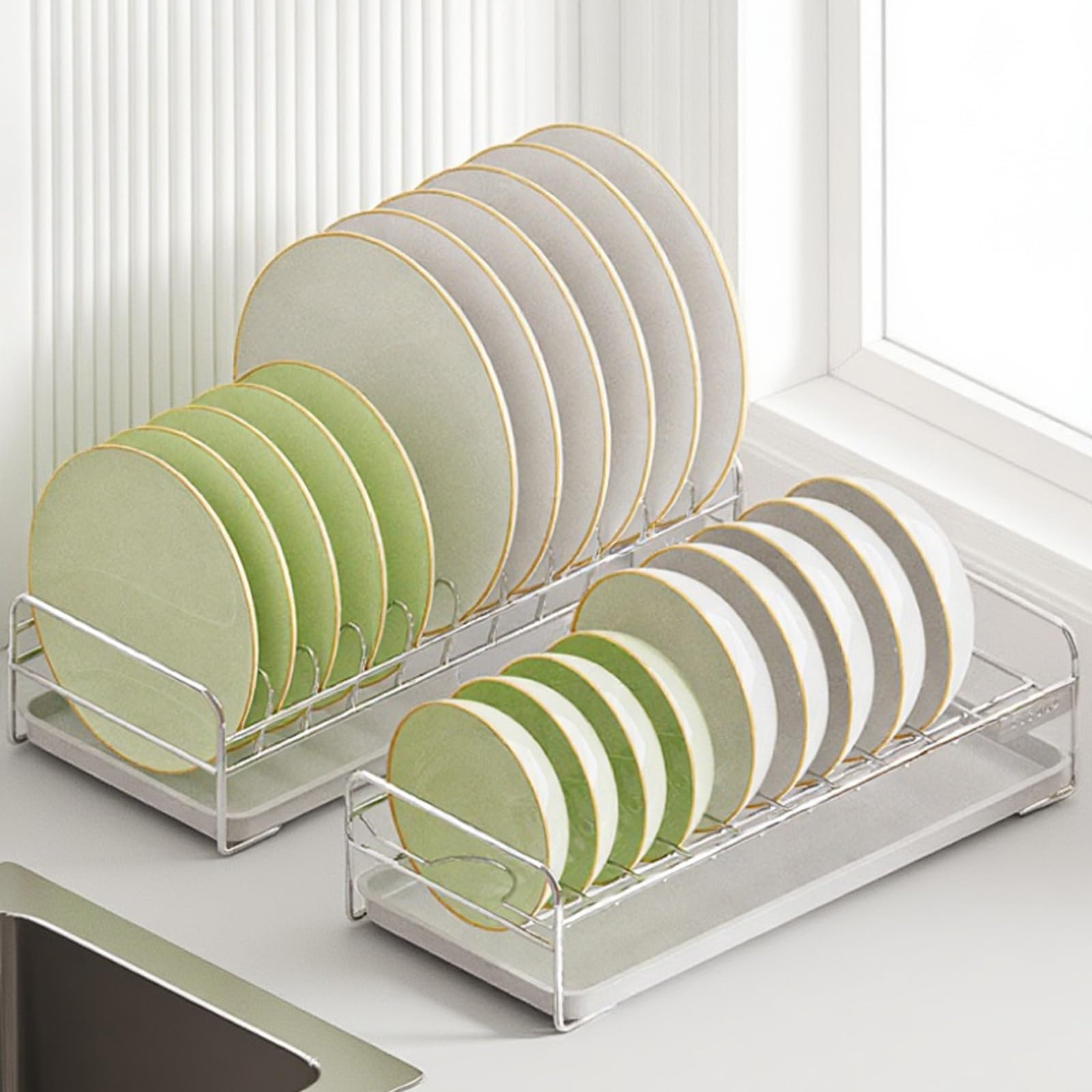 Geschirrhalter für die Küche, Einlagiges Abtropfgestell aus silbernem Edelstahl mit Teller, Schüsselablagen und ausziehbarem Tablett(Bowl Racks)