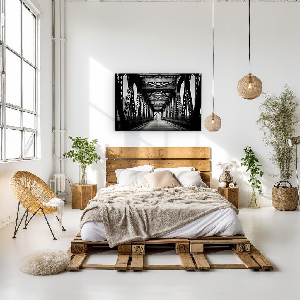 Canvas for Living room. Industrial Elegance: A Timeless Journey Along the Bridge's Pedestrian Pathway, 27 x 18 inch Canvas Wall Art - Ready to Hang