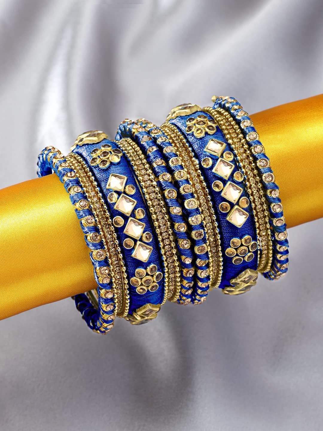 Aheli Ethnic Handmade Silk Thread Faux Stone Studded Bangle Set Chuda Indian Wedding Wear Fashion Jewelry Gift for Women Blue - Image 3