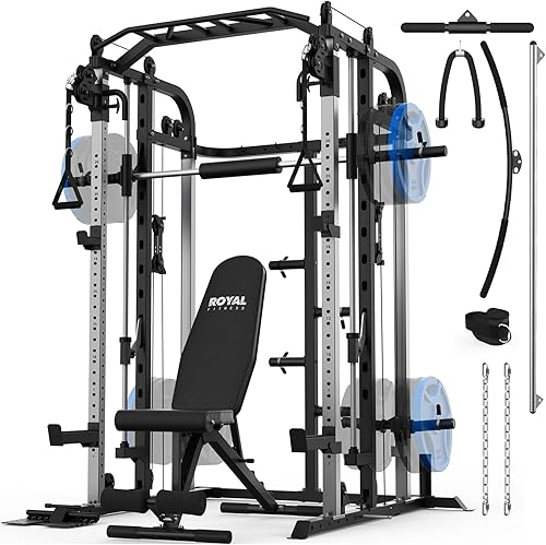 Miniatura 11 de Máquina Royal Fitness Smith, estante de jaula de potencia multifuncional con barra Smith y sistema de polea de cable, y máquina de tracción LAT para