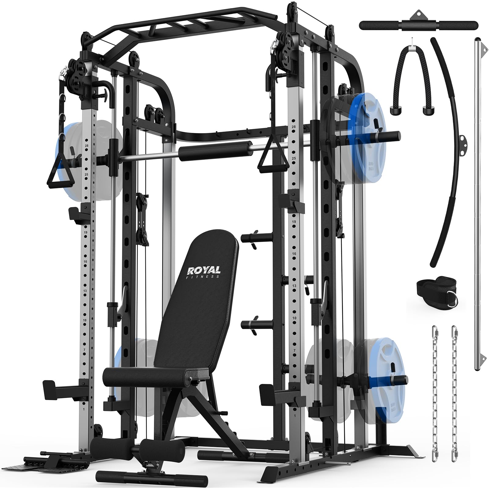 Royal Fitness Smith Machine, Multifunctional Power Cage Rack with Smith Bar and Cable Pulley System, and LAT Pull Down Machine for Home Gym…