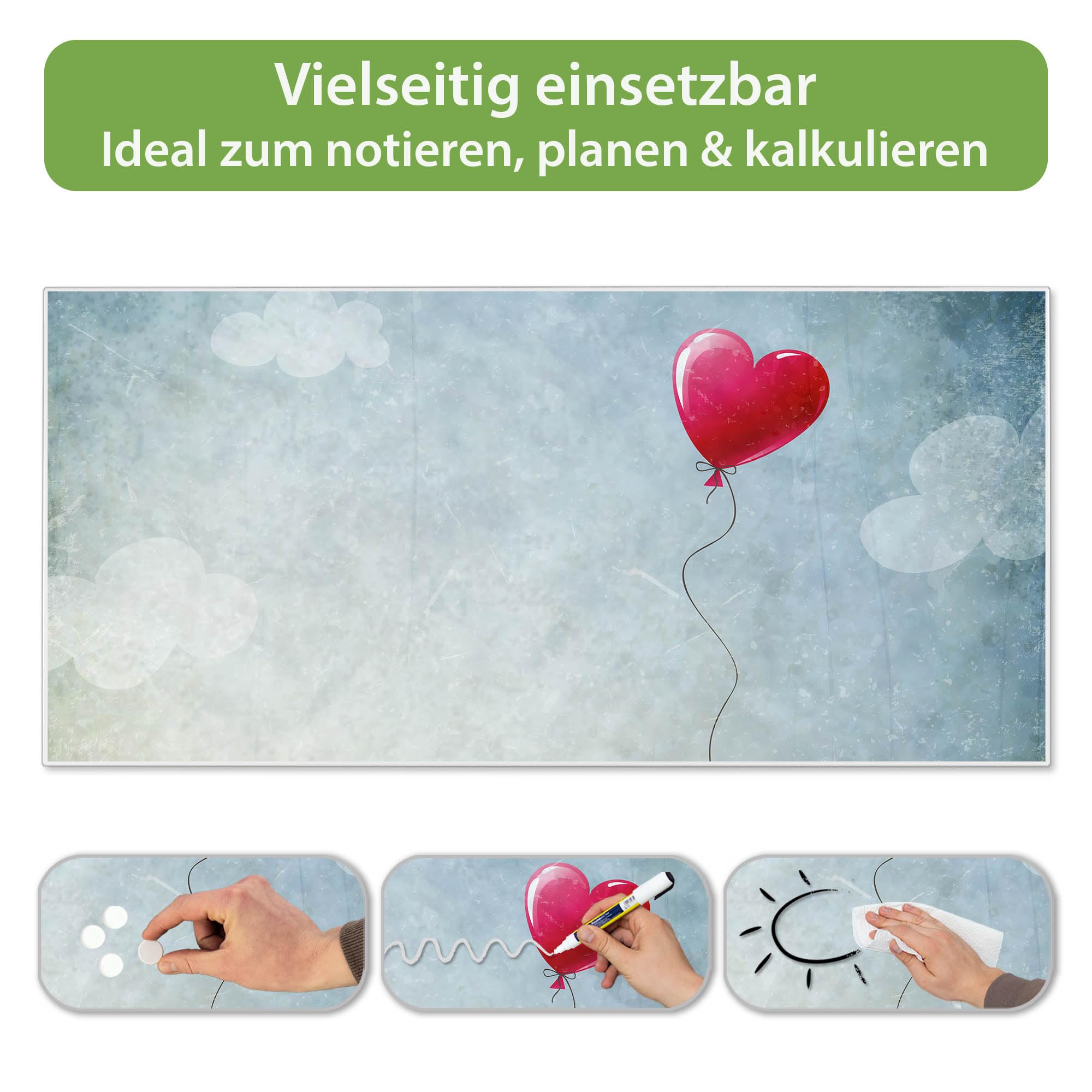 banjado Magnettafel Metall 78 x 37cm - beschreibbare Magnettafel - Metall Pinnwand als Memoboard - Magnetwand Küche, Büro, Kinderzimmer Weiß inkl. 4 Magnete & Montageset - Motiv Herzballon
