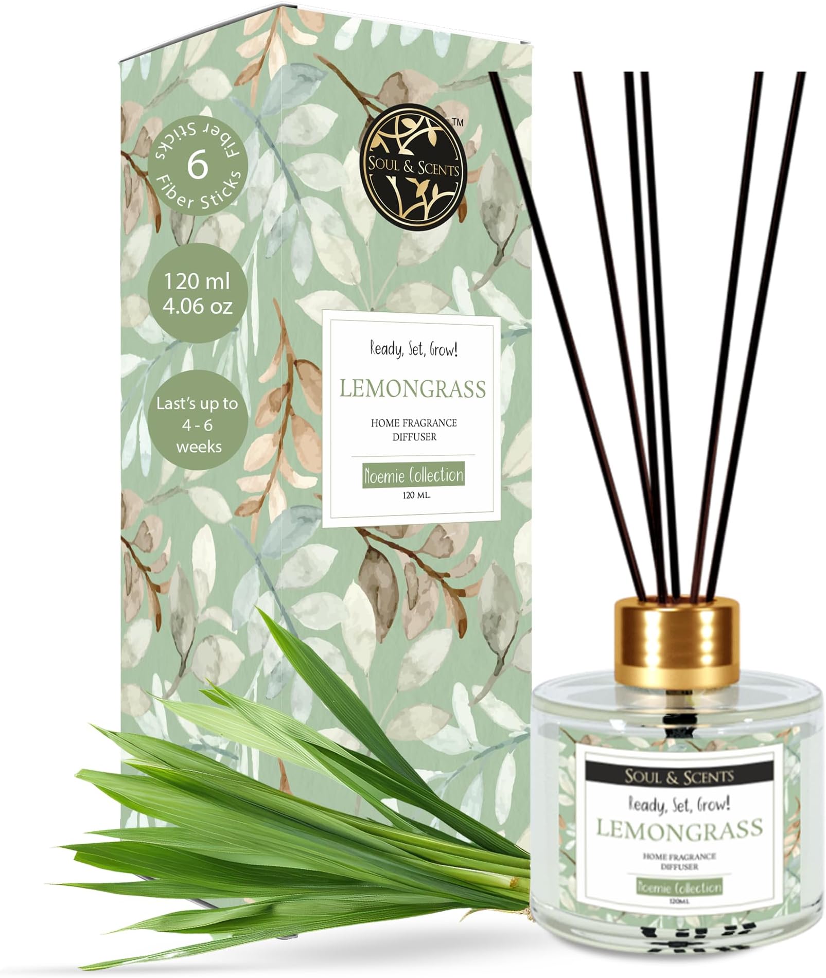 Soul & Scents Lemongrass Scented 4.06 oz (120ml) Reed Diffuser Set with 6 Fiber Sticks for Room Decor | Essential Oil Diffuser for Home | Air Freshners for Home
