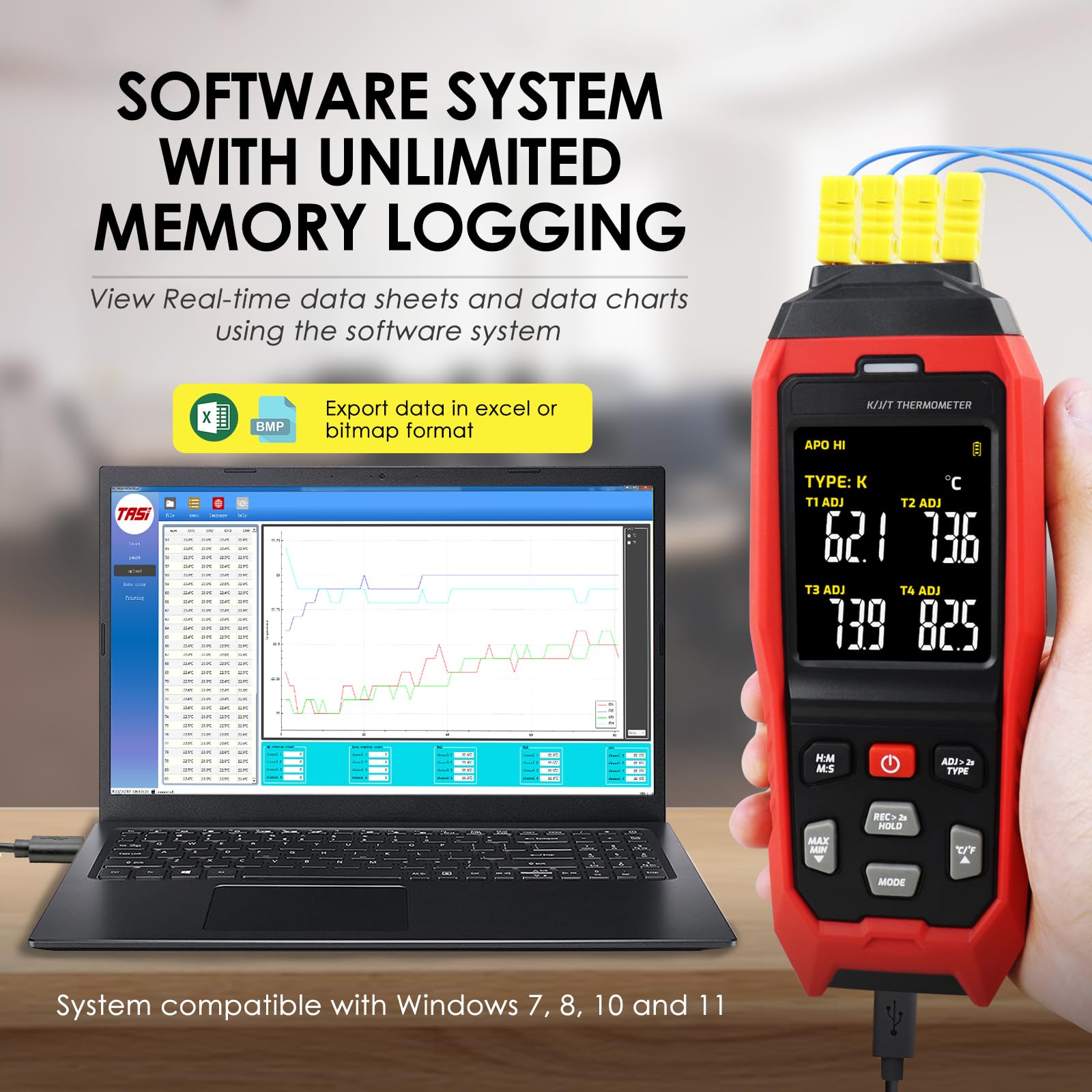 DataLogger 4-K Thermoelement-Thermometer Typ K/J/T Digitales Thermometer mit 5000 Gruppen von programmierbaren Temperaturdaten, die im Bereich von -328 ~ 1370 °C aufzeichnen